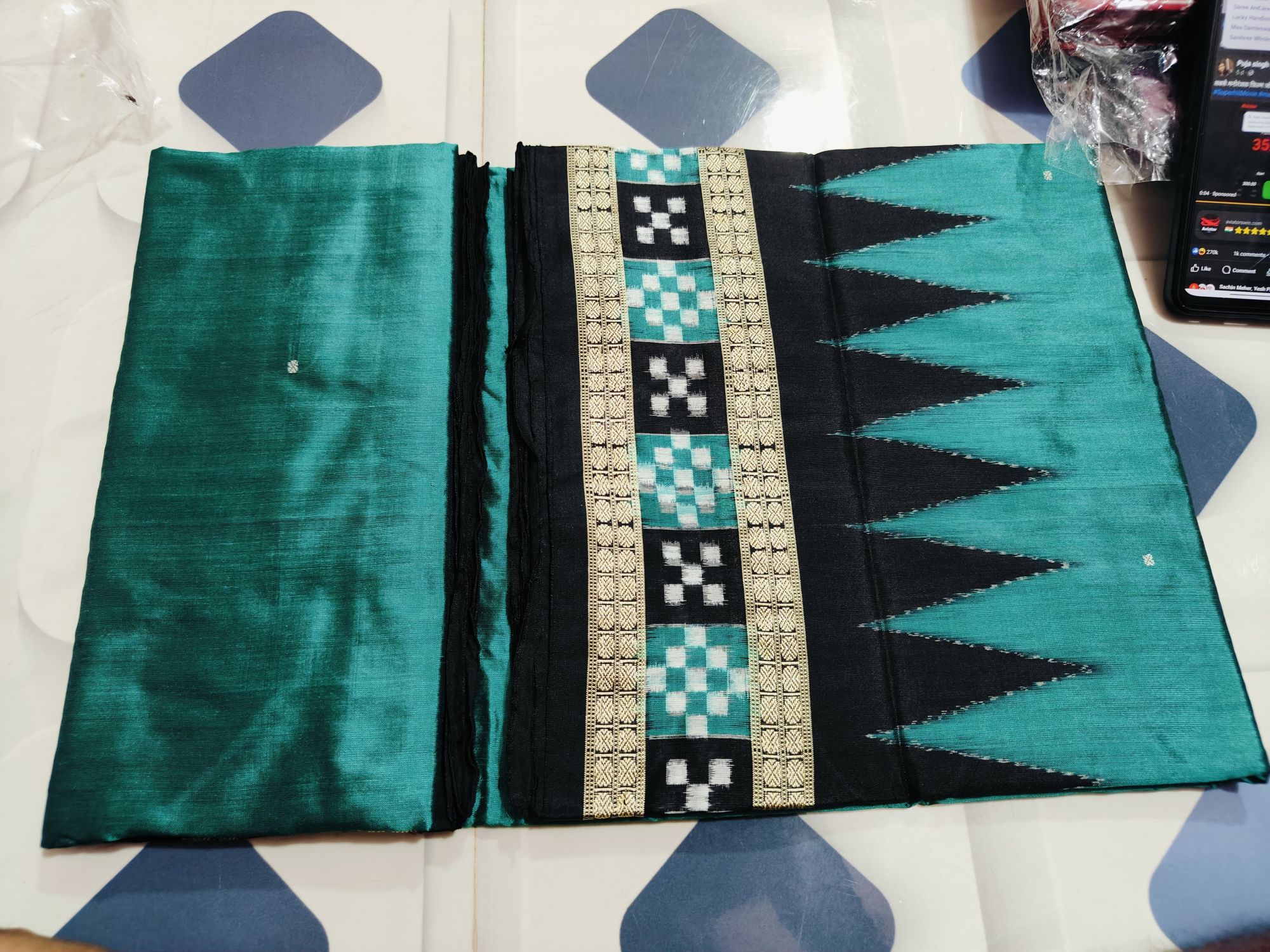 Ocean green and black sambalpuri Silk saree