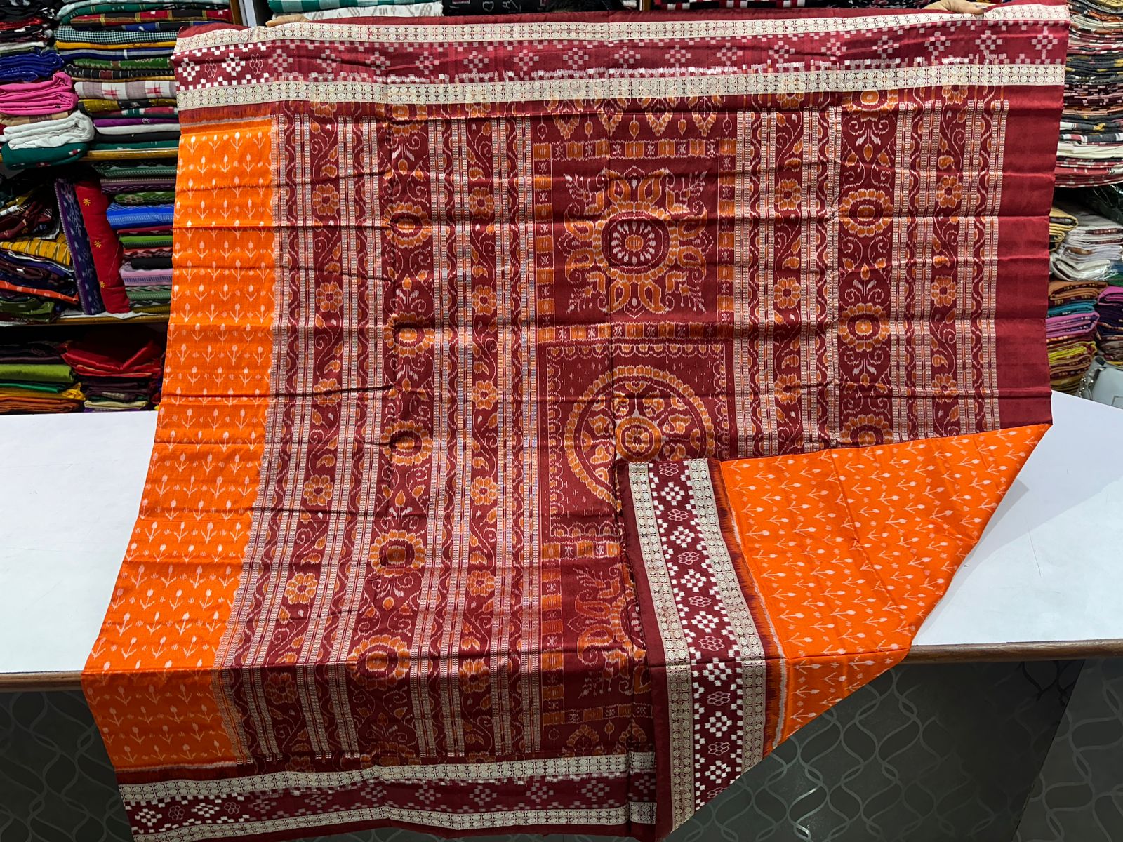 Orange and Maroon Sambalpuri silk saree