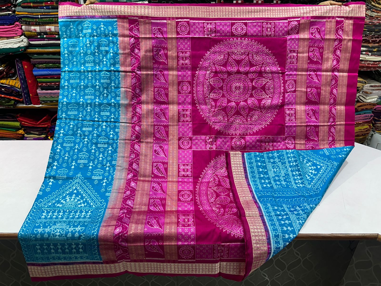 Blue and Magenta Sambalpuri silk saree