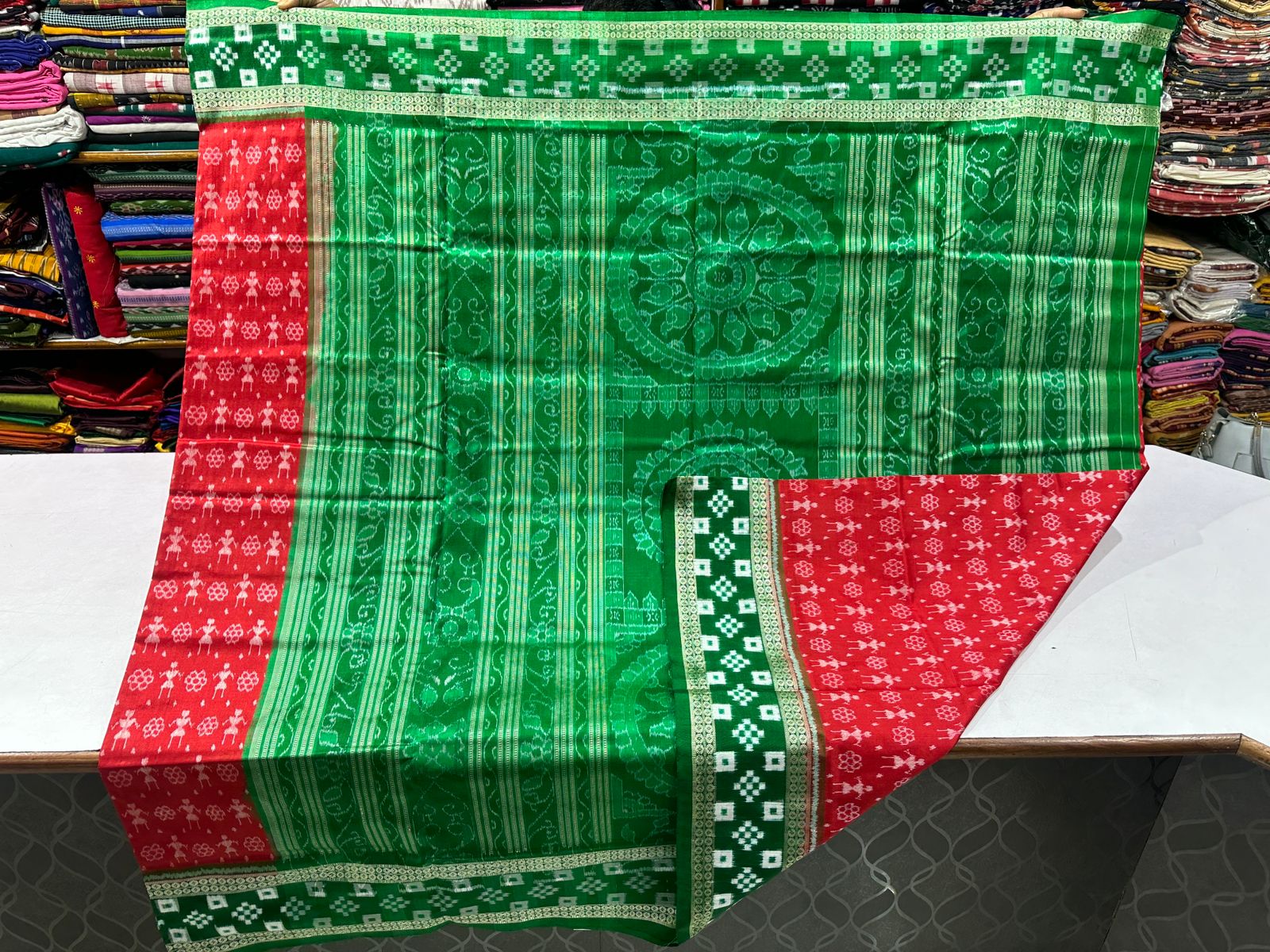 Red and Green Sambalpuri Silk saree