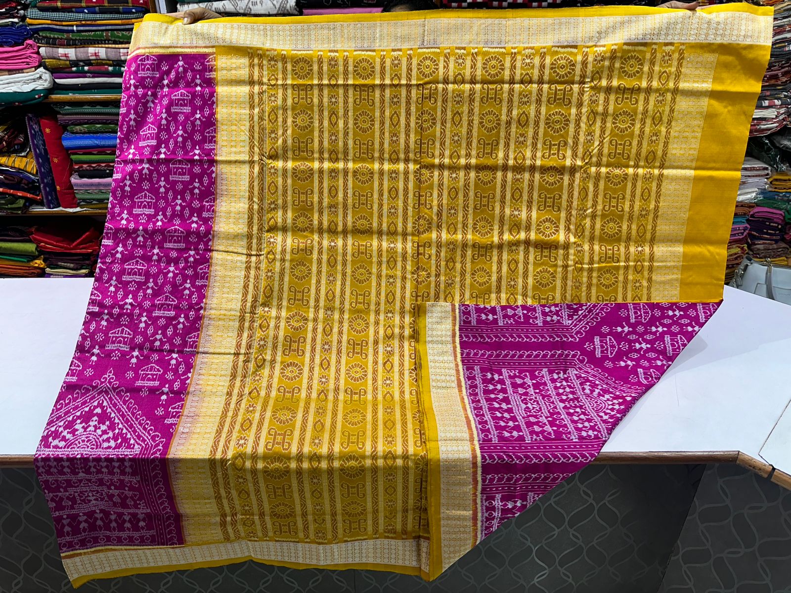 Yellow and Magenta Sambalpuri silk saree