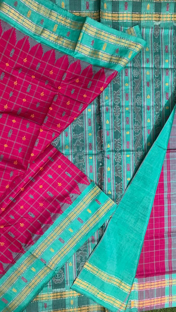 Pink and ocean green hajarbuti Tussar silk saree