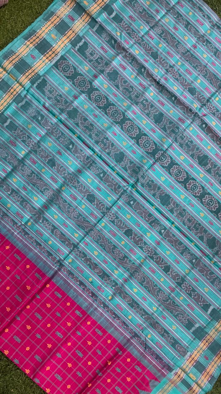 Pink and ocean green hajarbuti Tussar silk saree