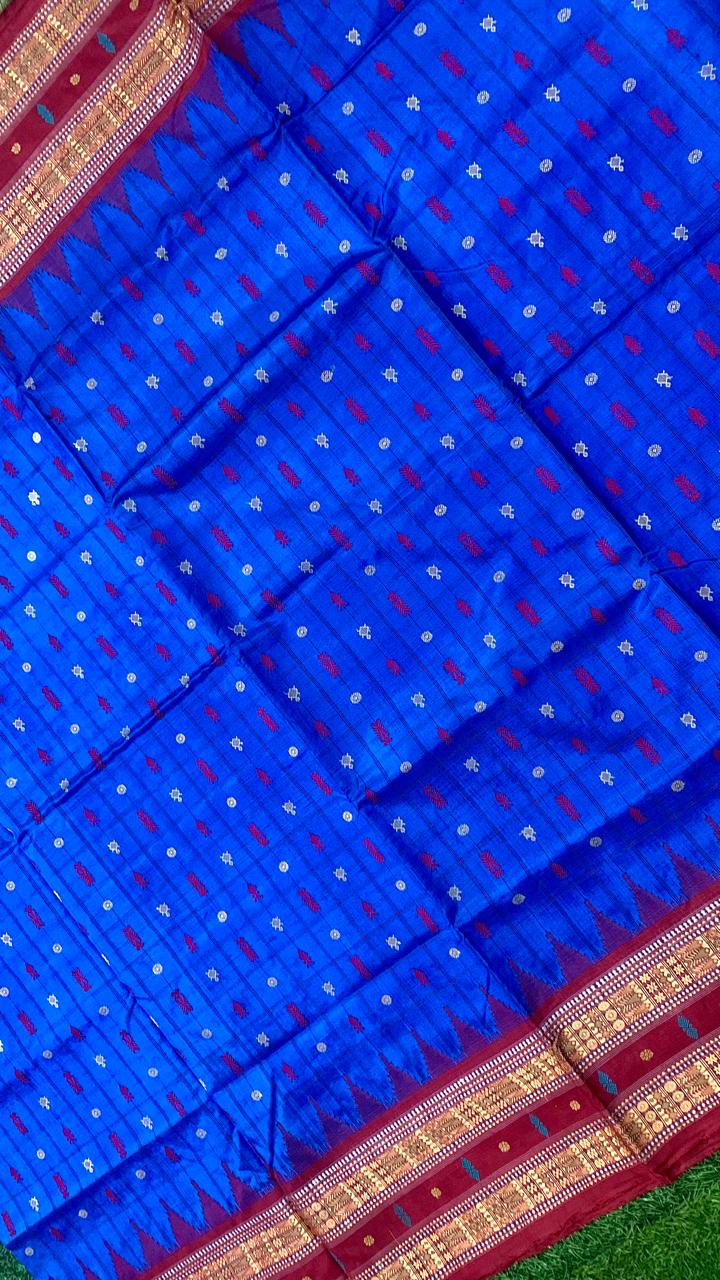 Maroon and Blue Hajarbuti Tussar silk saree