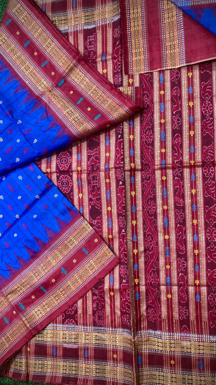 Maroon and Blue Hajarbuti Tussar silk saree