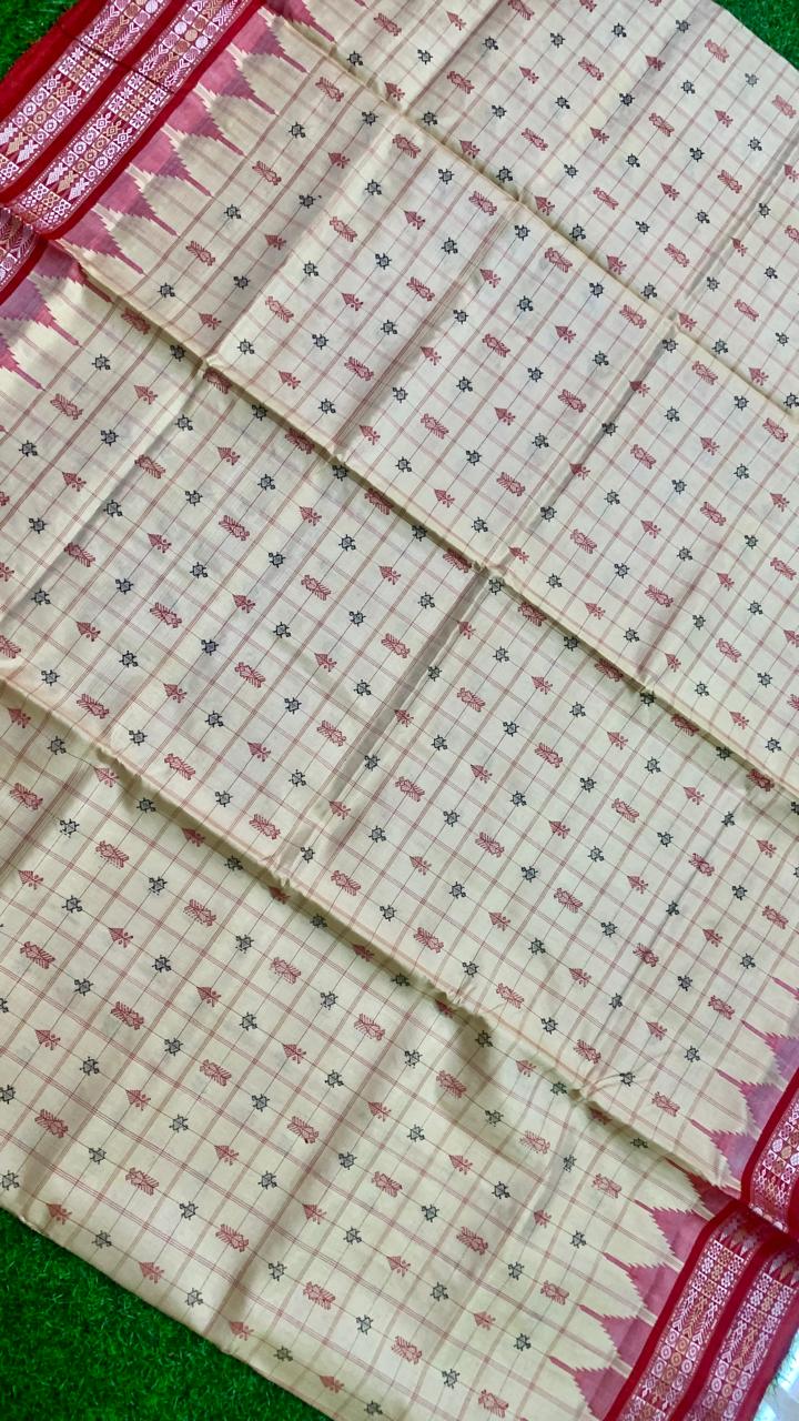 Cream and red hajarbuti Tussar silk saree