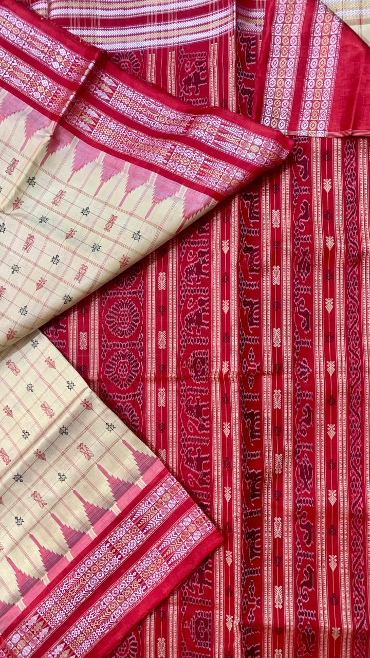 Cream and red hajarbuti Tussar silk saree
