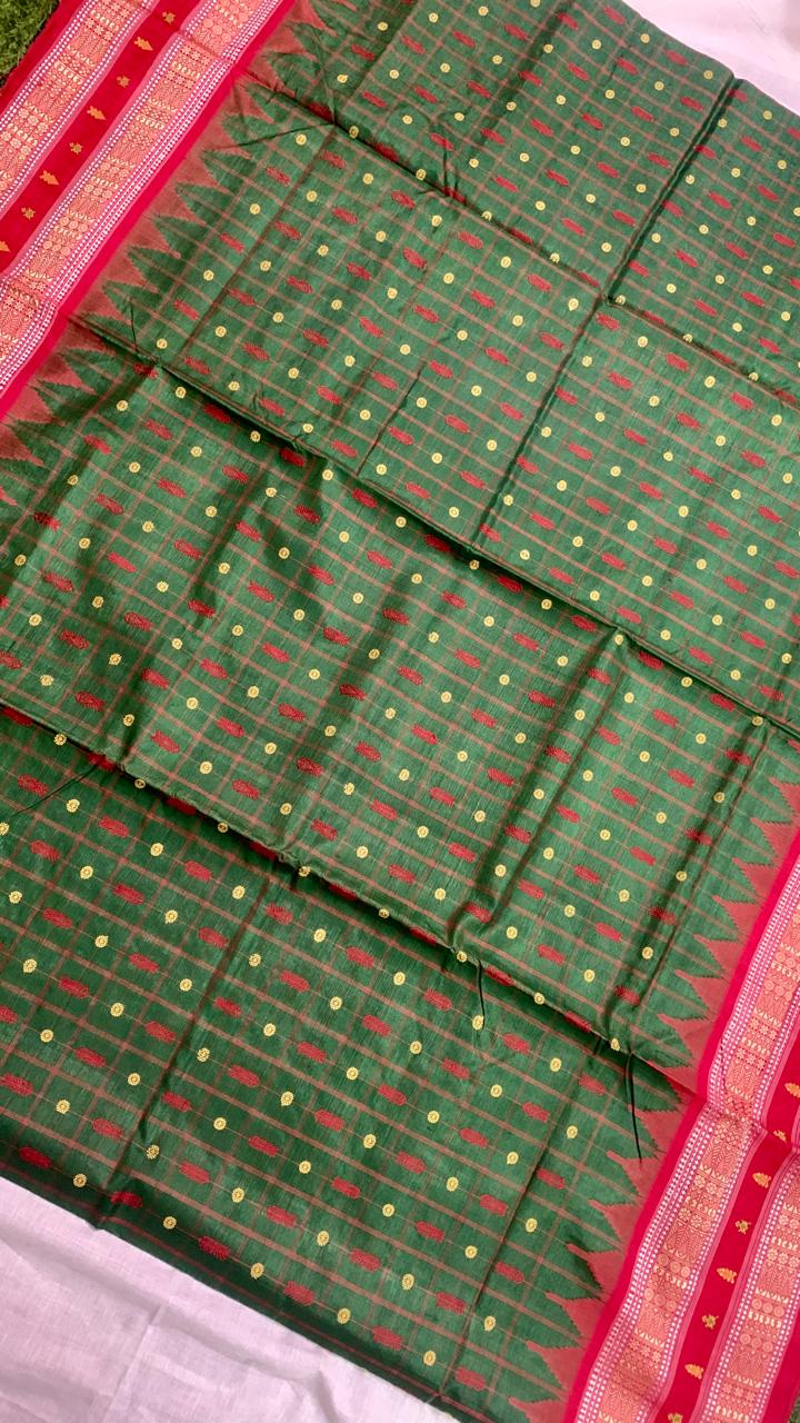 Green and red hajarbuti Tussar silk saree