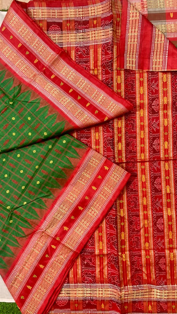 Green and red hajarbuti Tussar silk saree