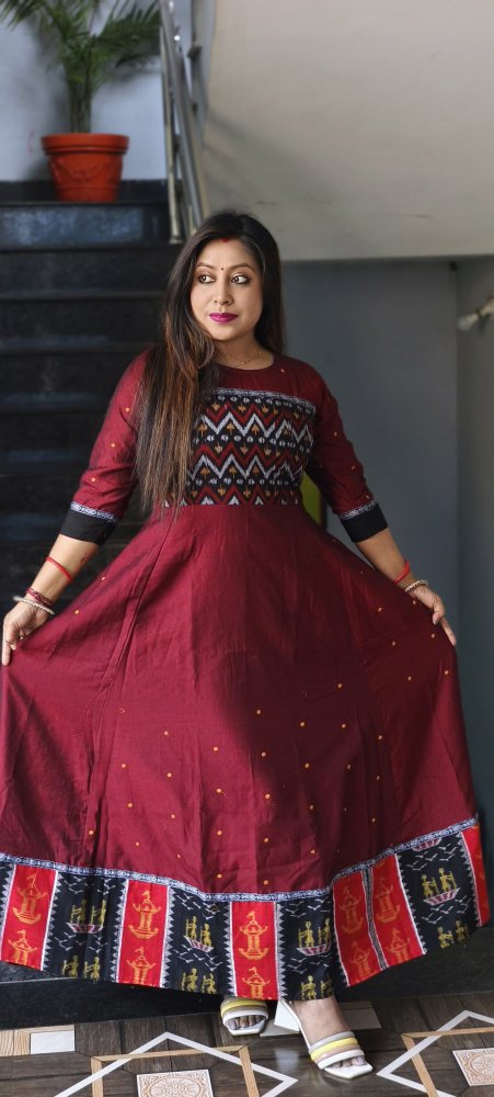 Maroon Sambalpuri cotton kurti