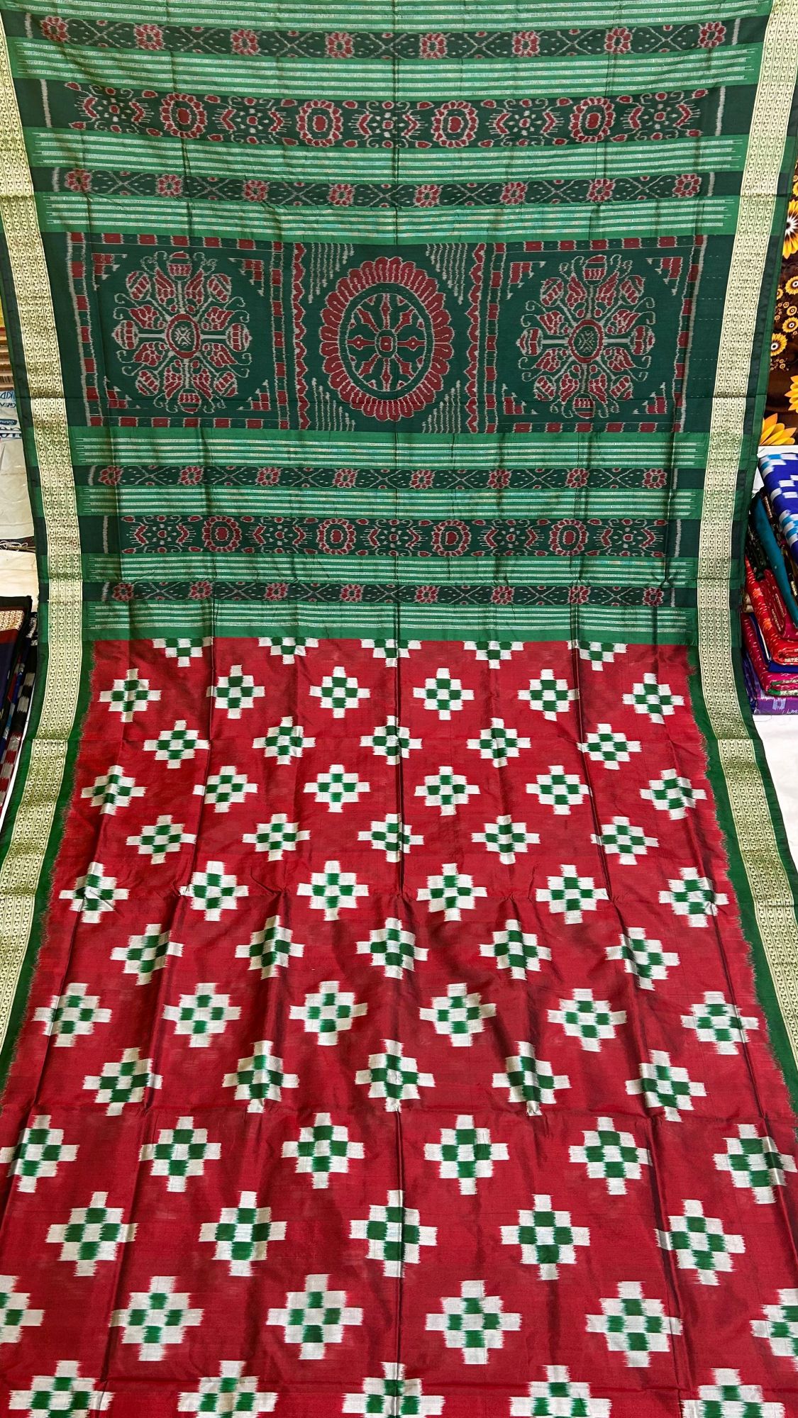 Red and green pasapalli Sambalpuri silk saree