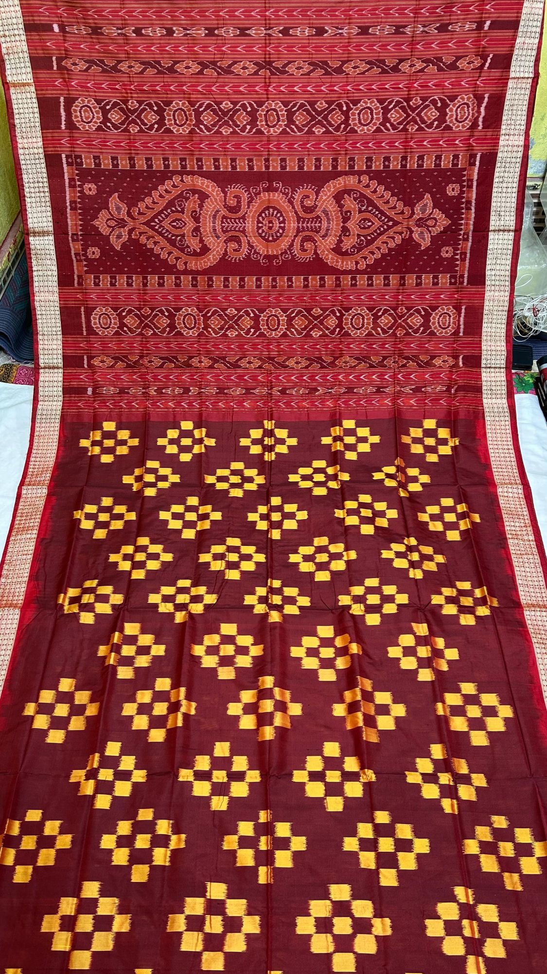 Maroon and yellow pasapalli Sambalpuri silk saree