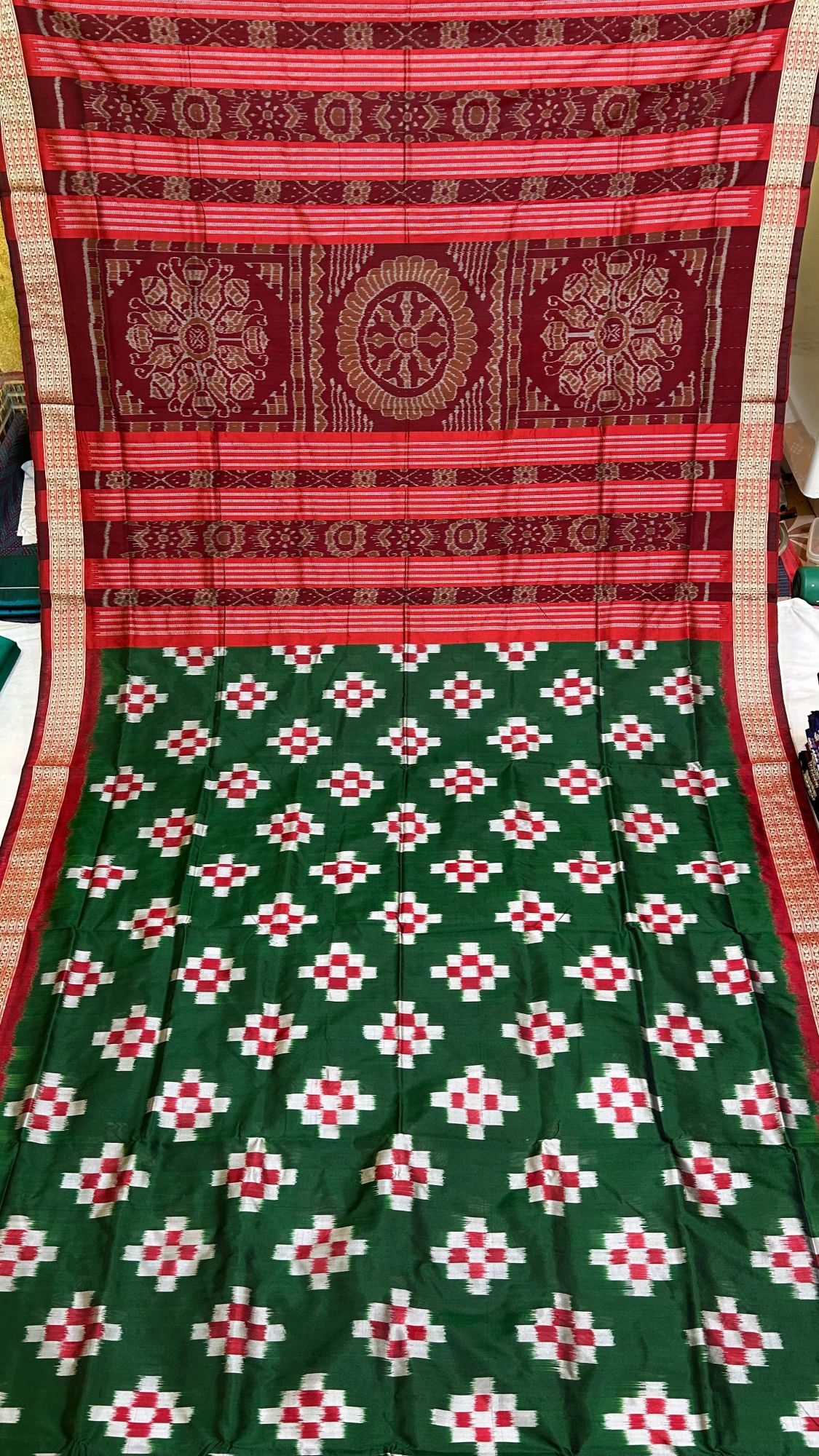 Green and red pasapalli Sambalpuri silk saree