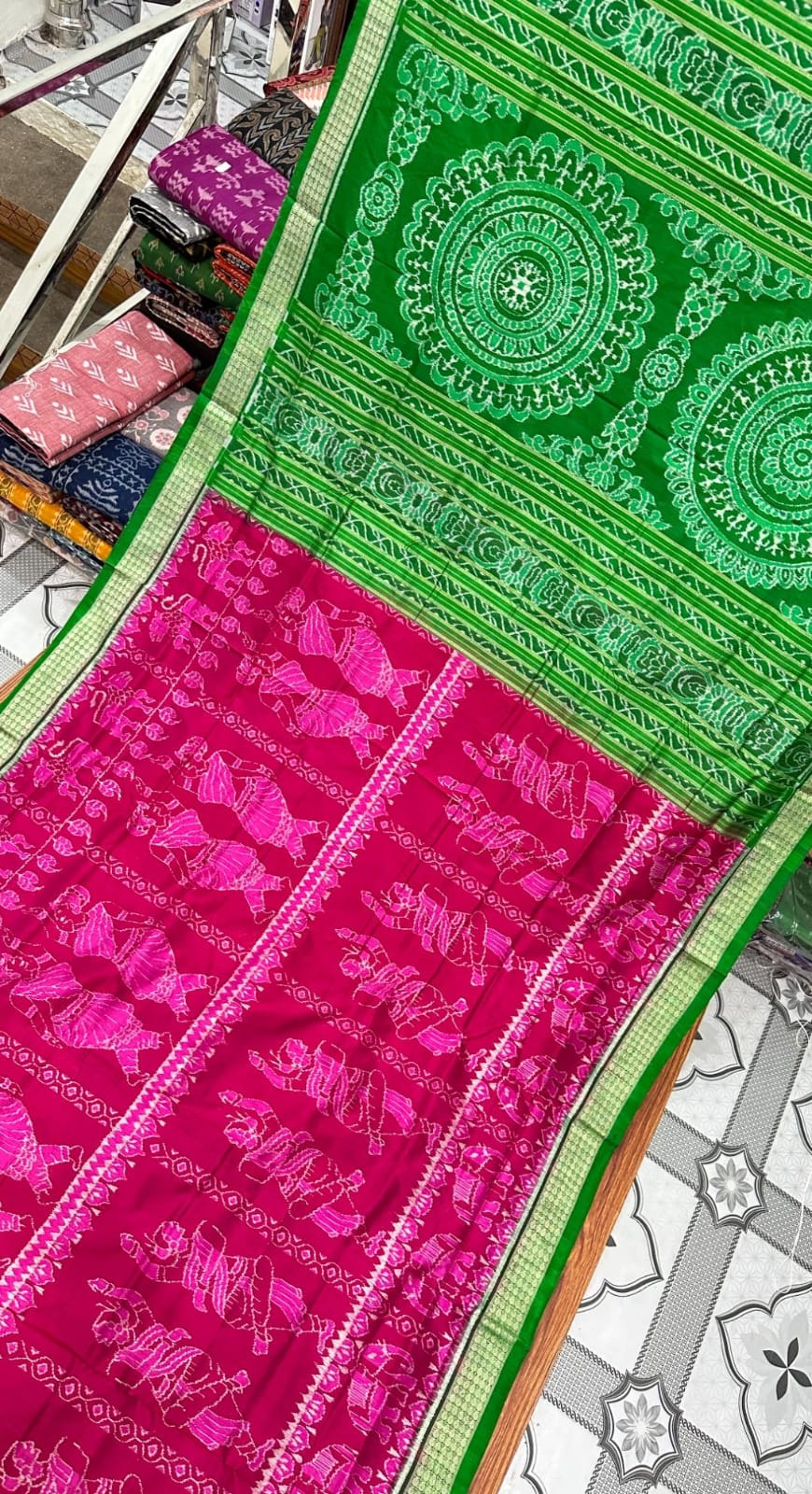 Pink and green Sambalpuri silk saree