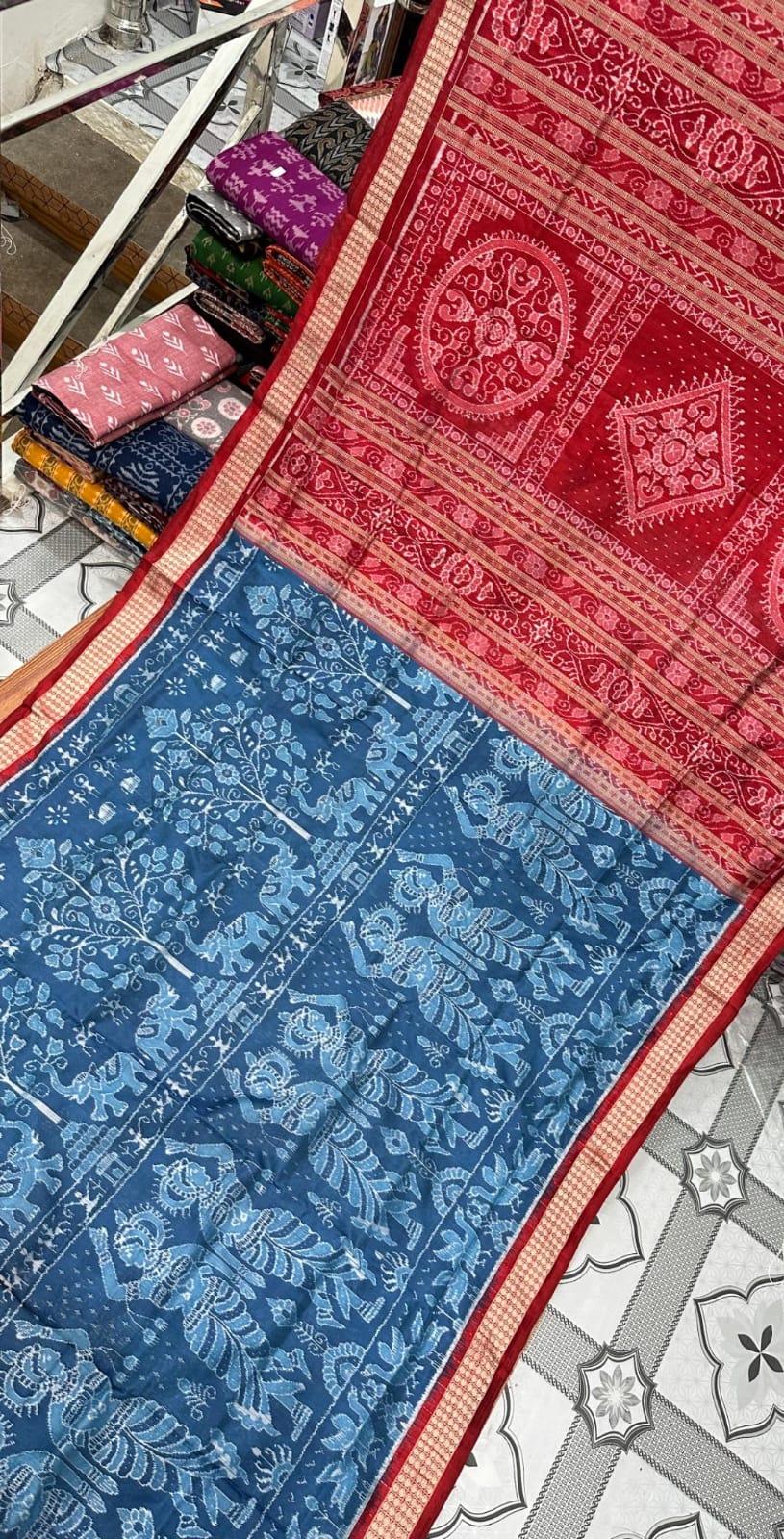 Blue and red Sambalpuri silk saree