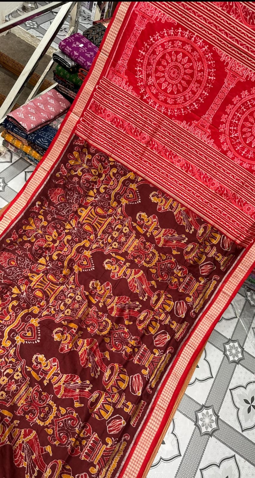 Red and brown Sambalpuri silk saree