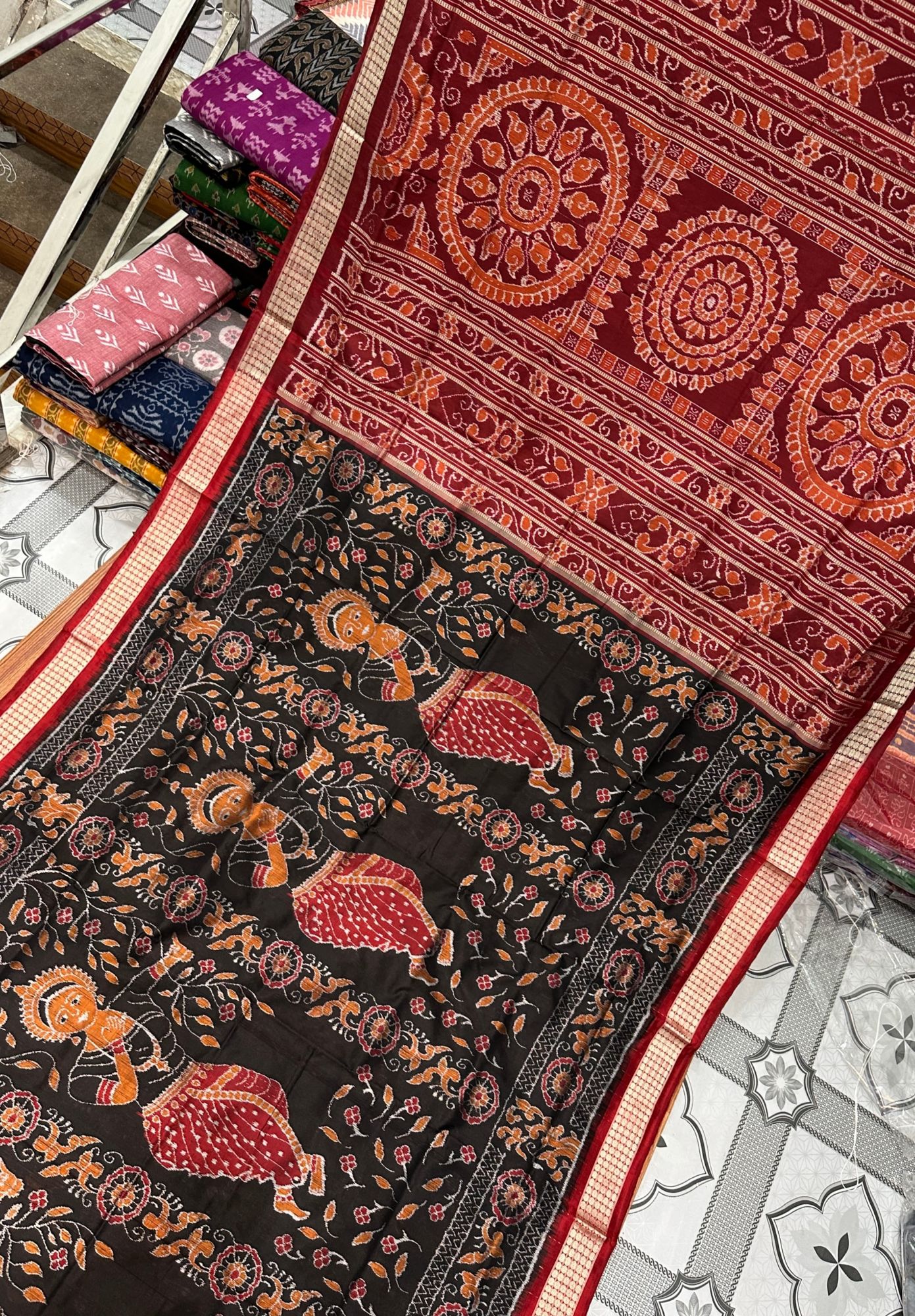 Black and red Sambalpuri silk saree