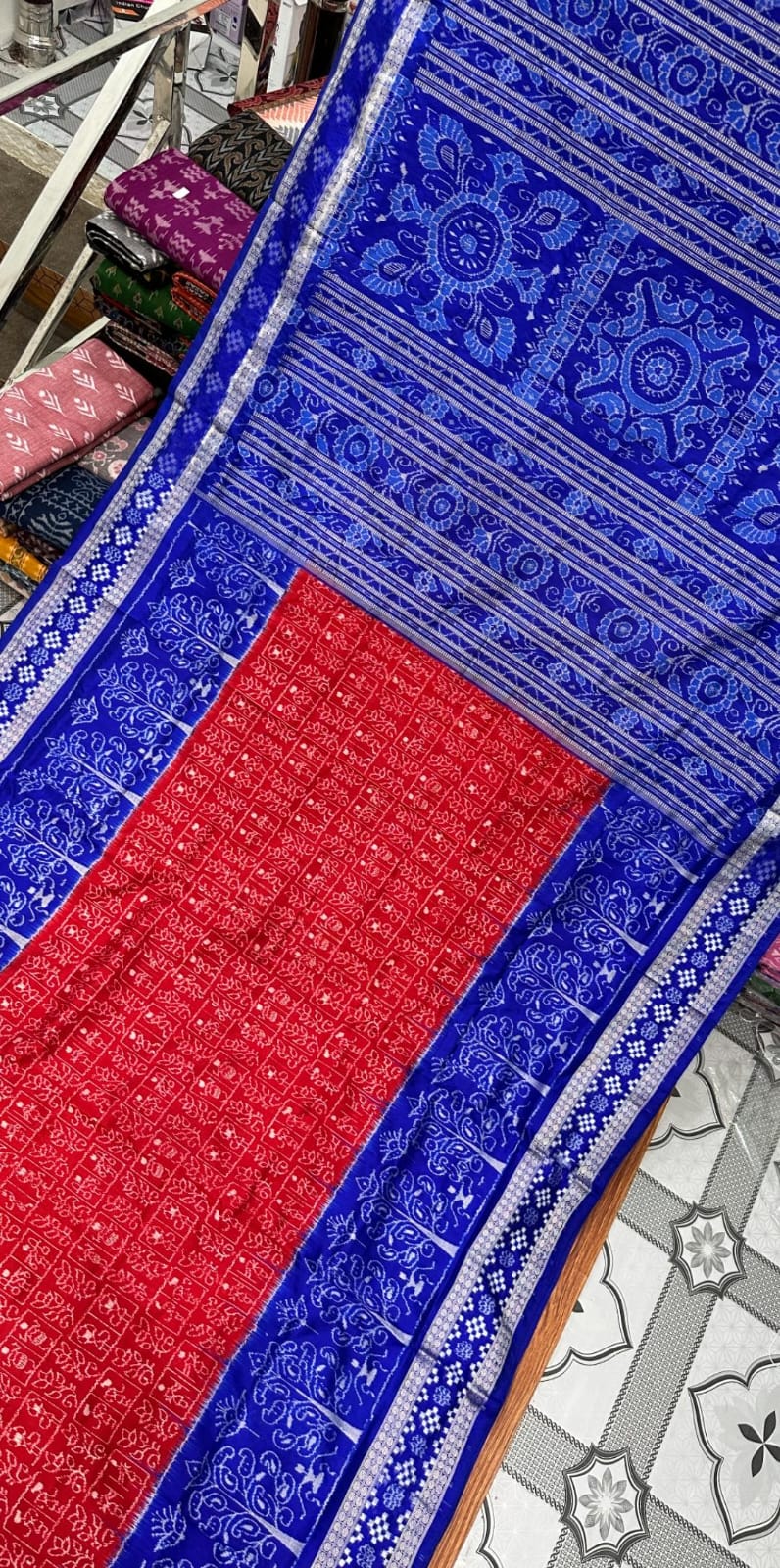 Red and Blue Sambalpuri silk saree