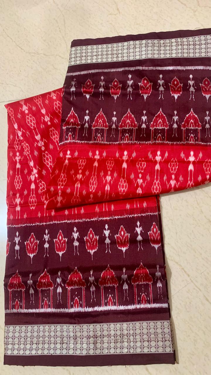 Red and Brown Sambalpuri silk saree