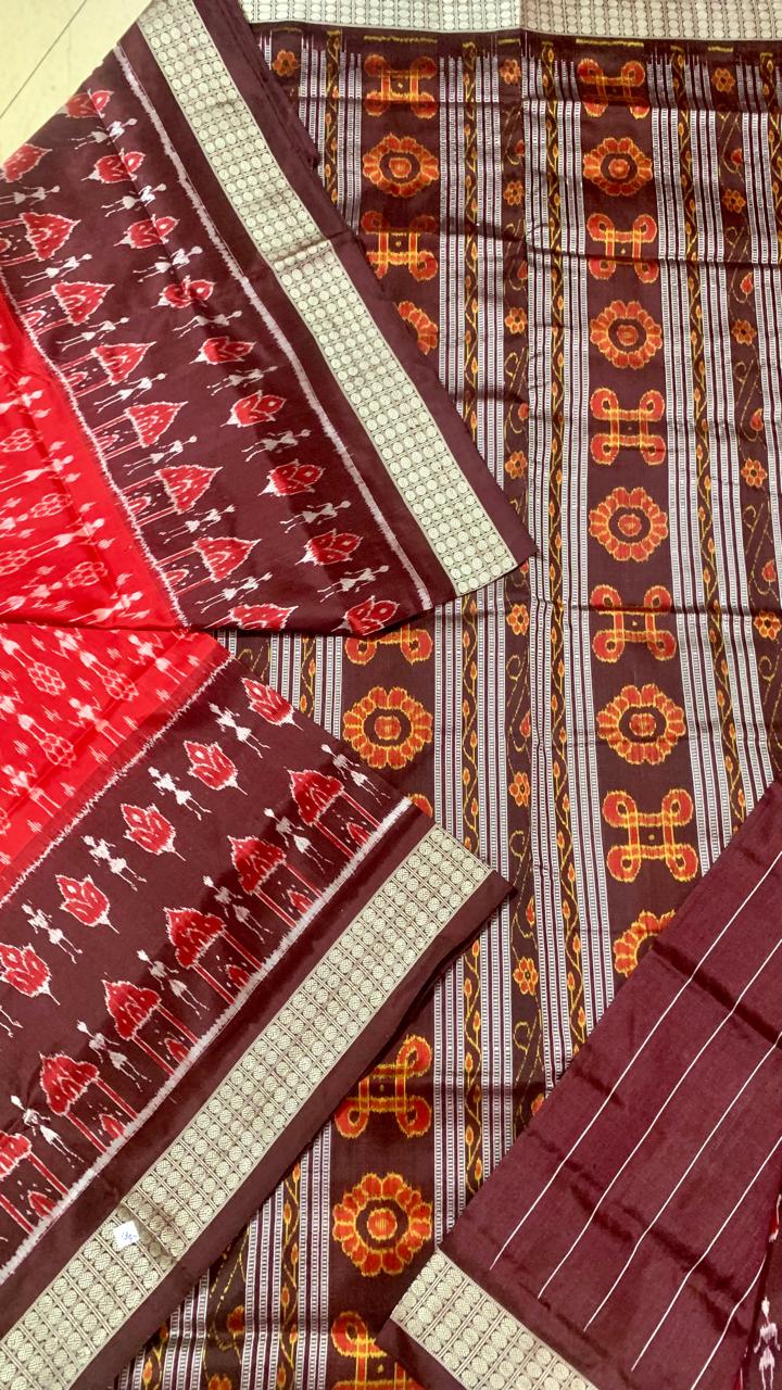 Red and Brown Sambalpuri silk saree