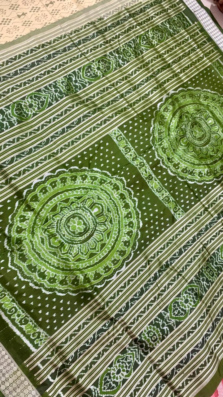 Cream and green Sambalpuri silk saree