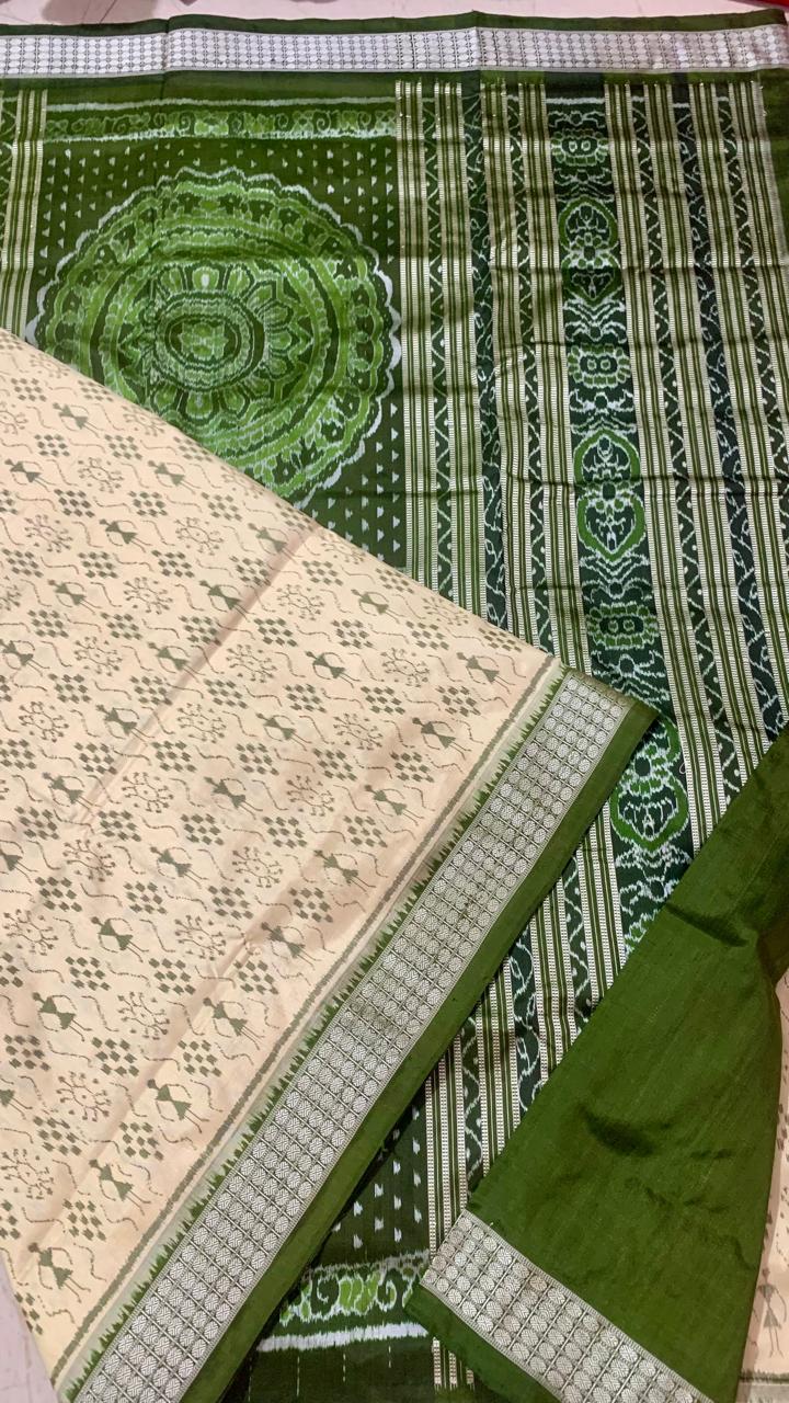Cream and green Sambalpuri silk saree