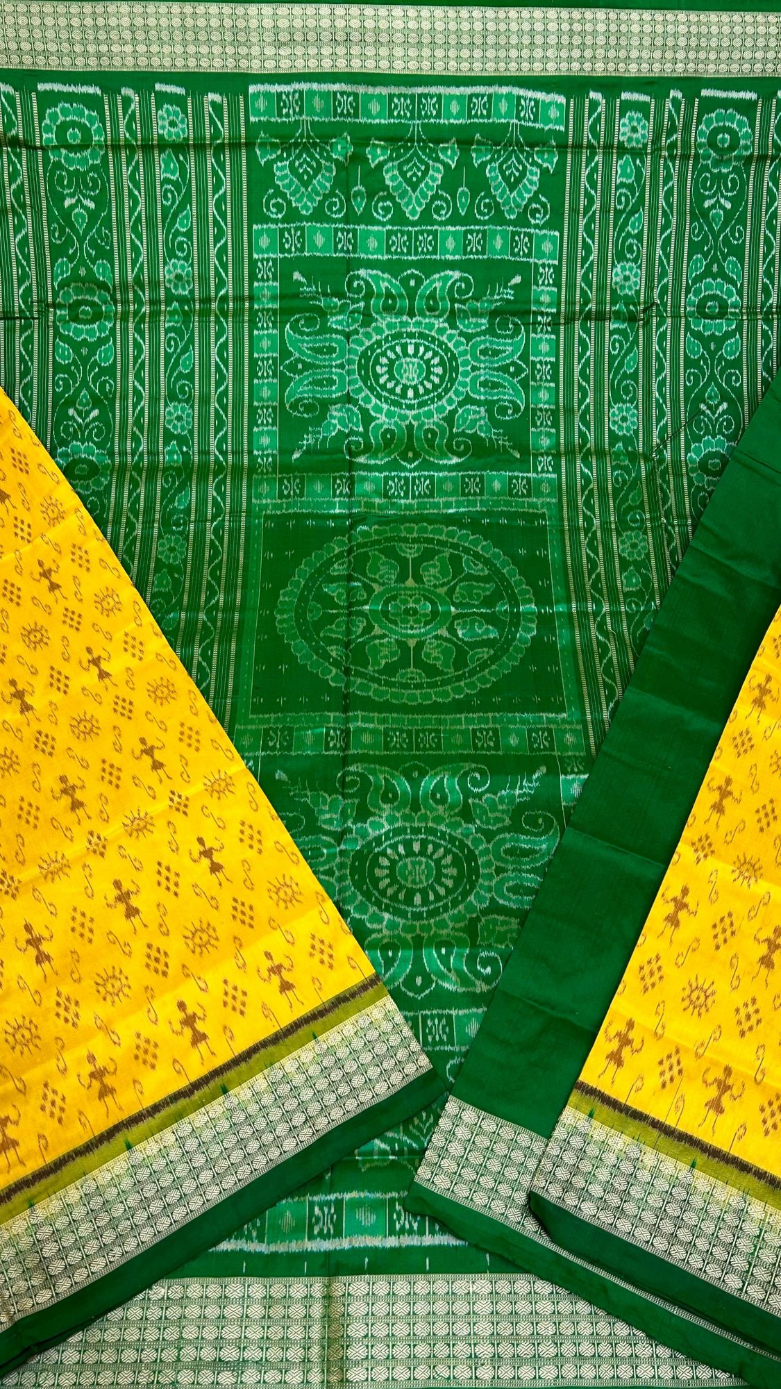Yellow and green Sambalpuri silk saree