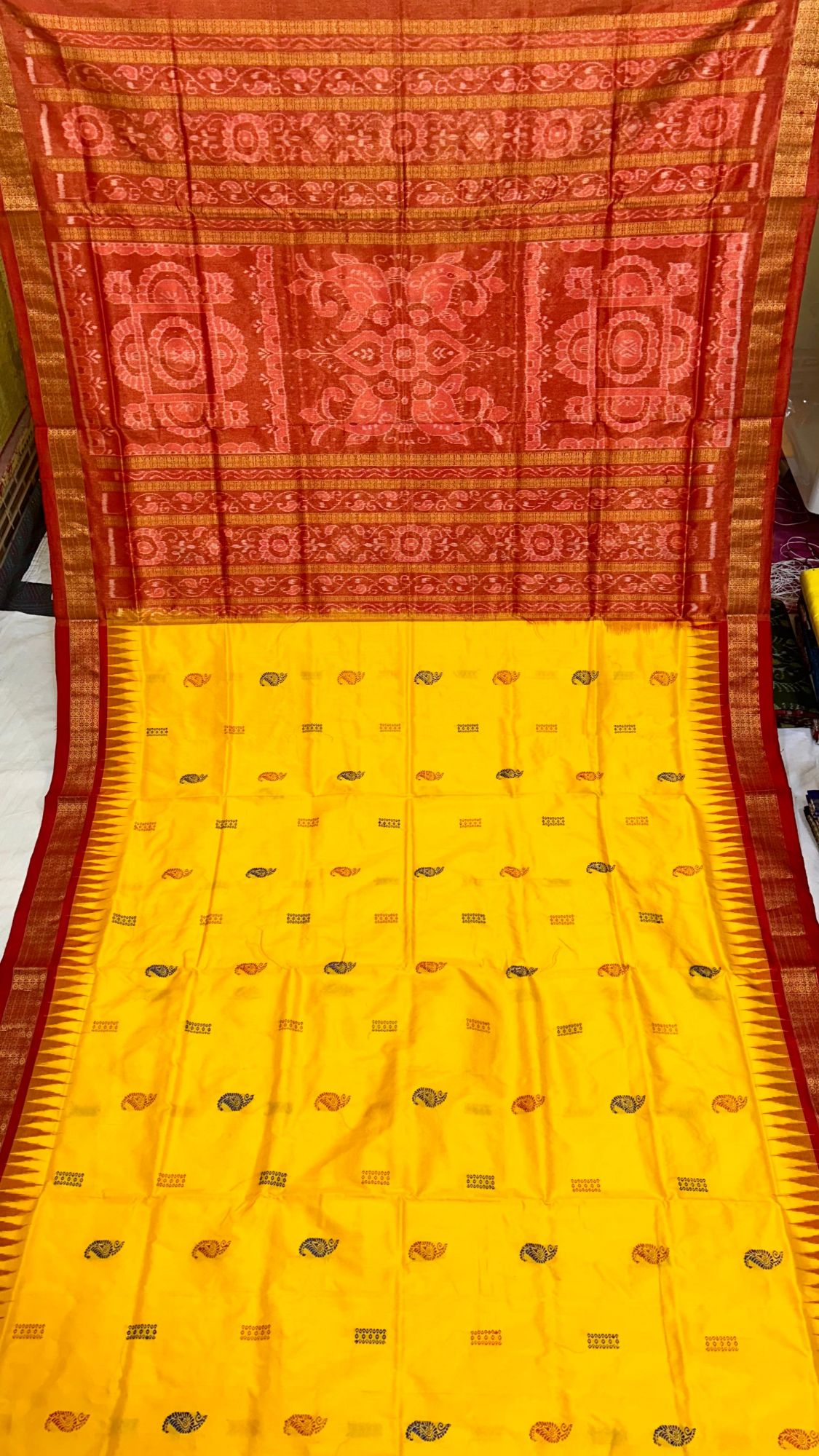 Red and yellow Sambalpuri silk saree
