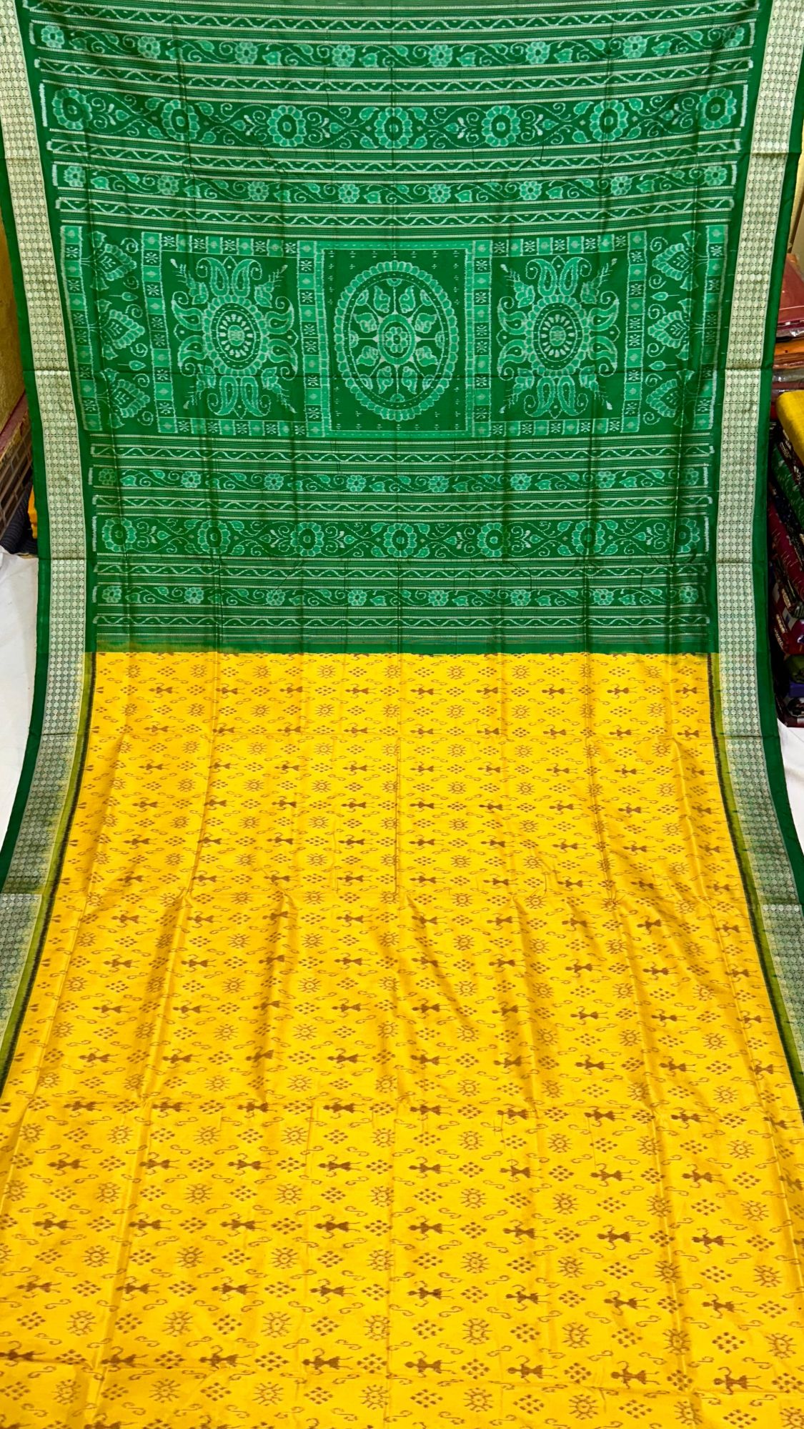 Yellow and green Sambalpuri silk saree