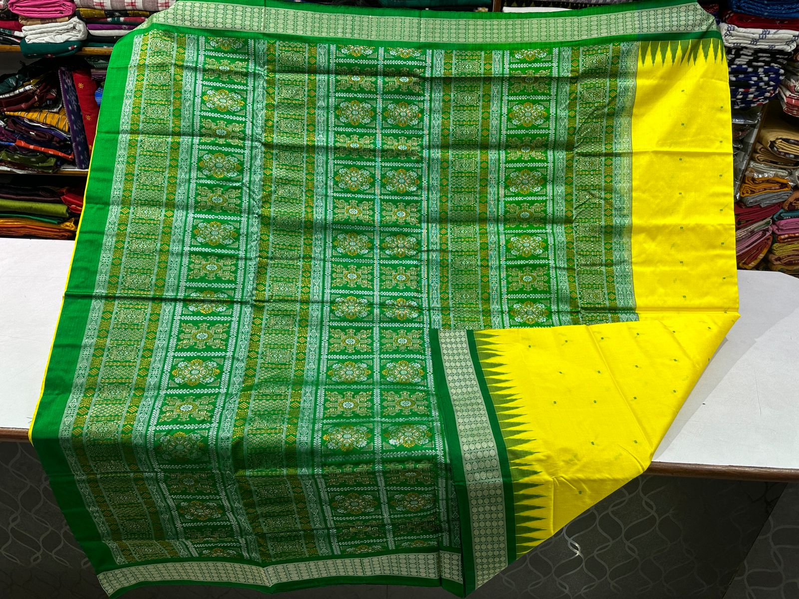 Green and yellow Bomkai silk saree