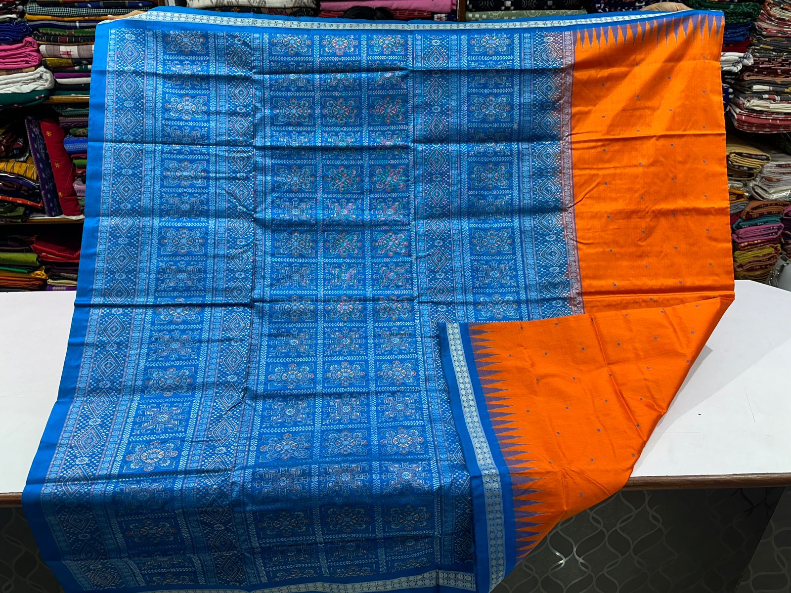 Blue and Orange Bomkai silk saree