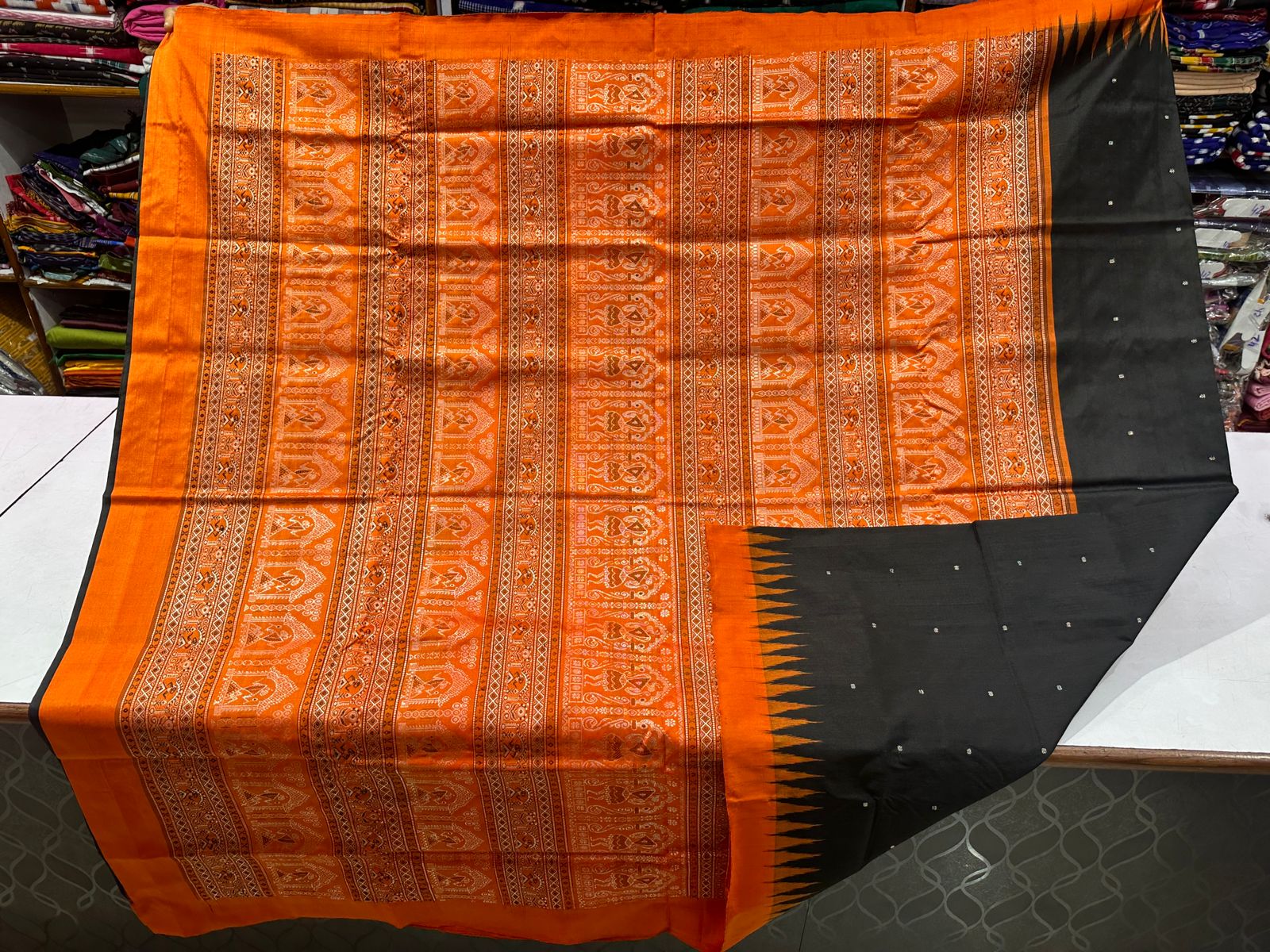 Orange and black Bomkai silk saree