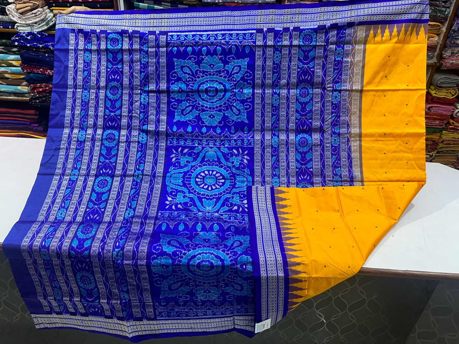Yellow and blue Bomkai silk saree