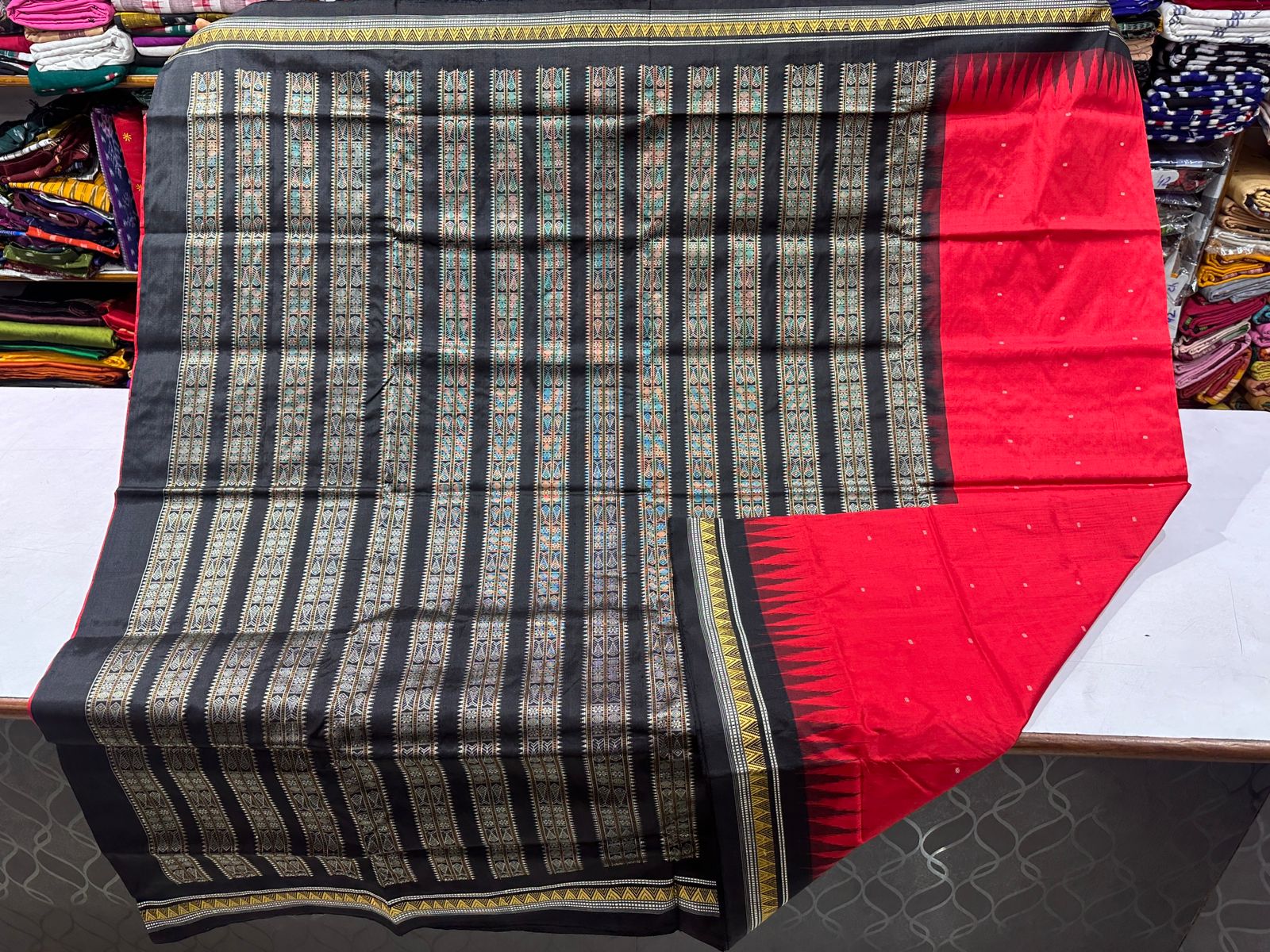 Black and red Bomkai silk saree