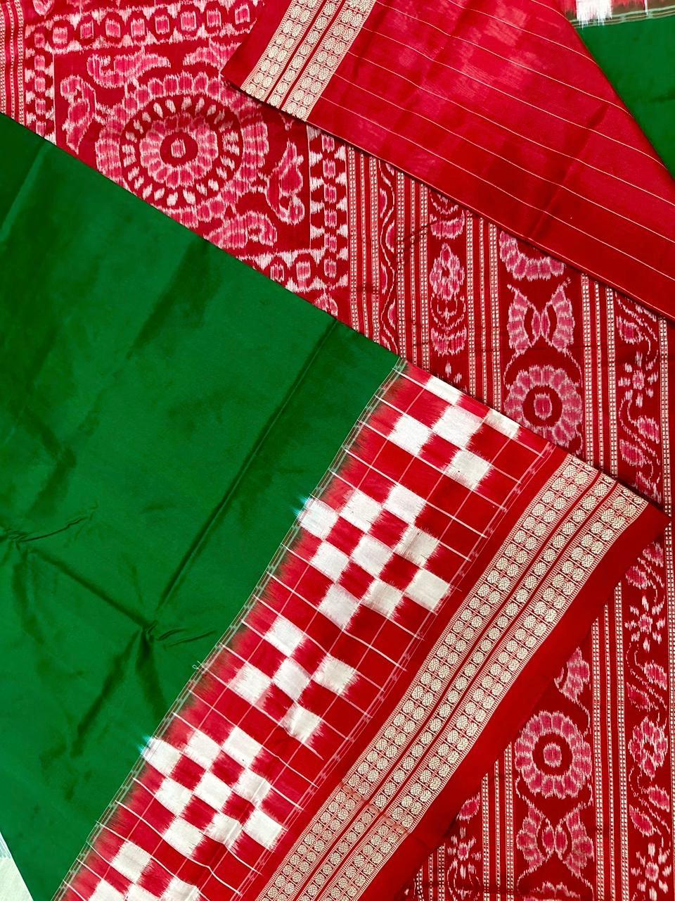 Green and Red Sambalpuri silk saree
