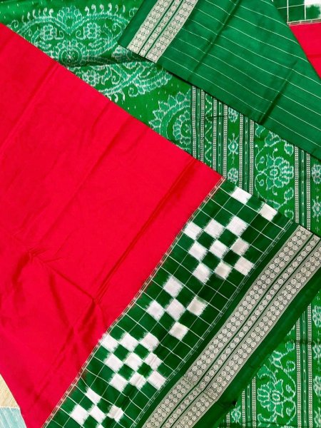 Image of Red and Green Sambalpuri silk saree
