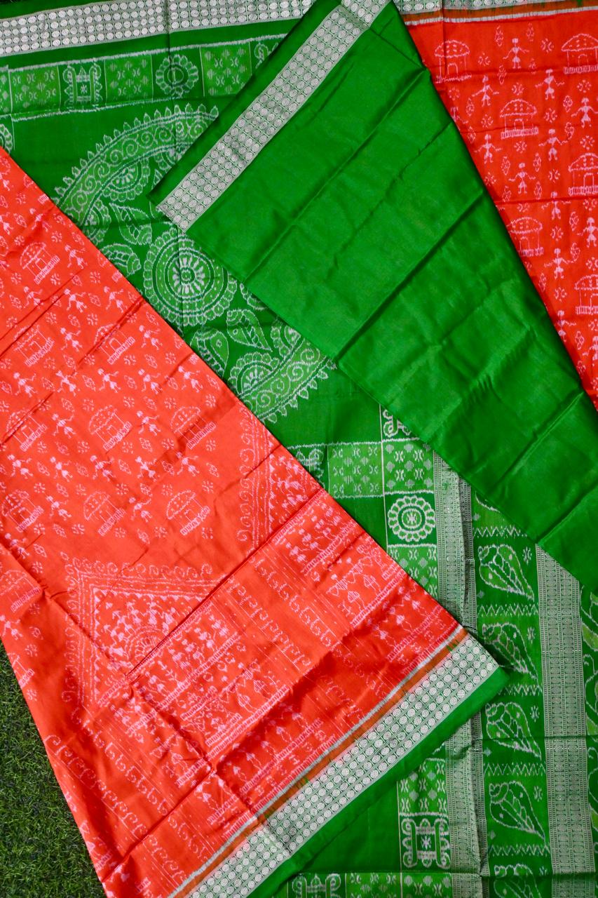 Red and green Sambalpuri silk saree