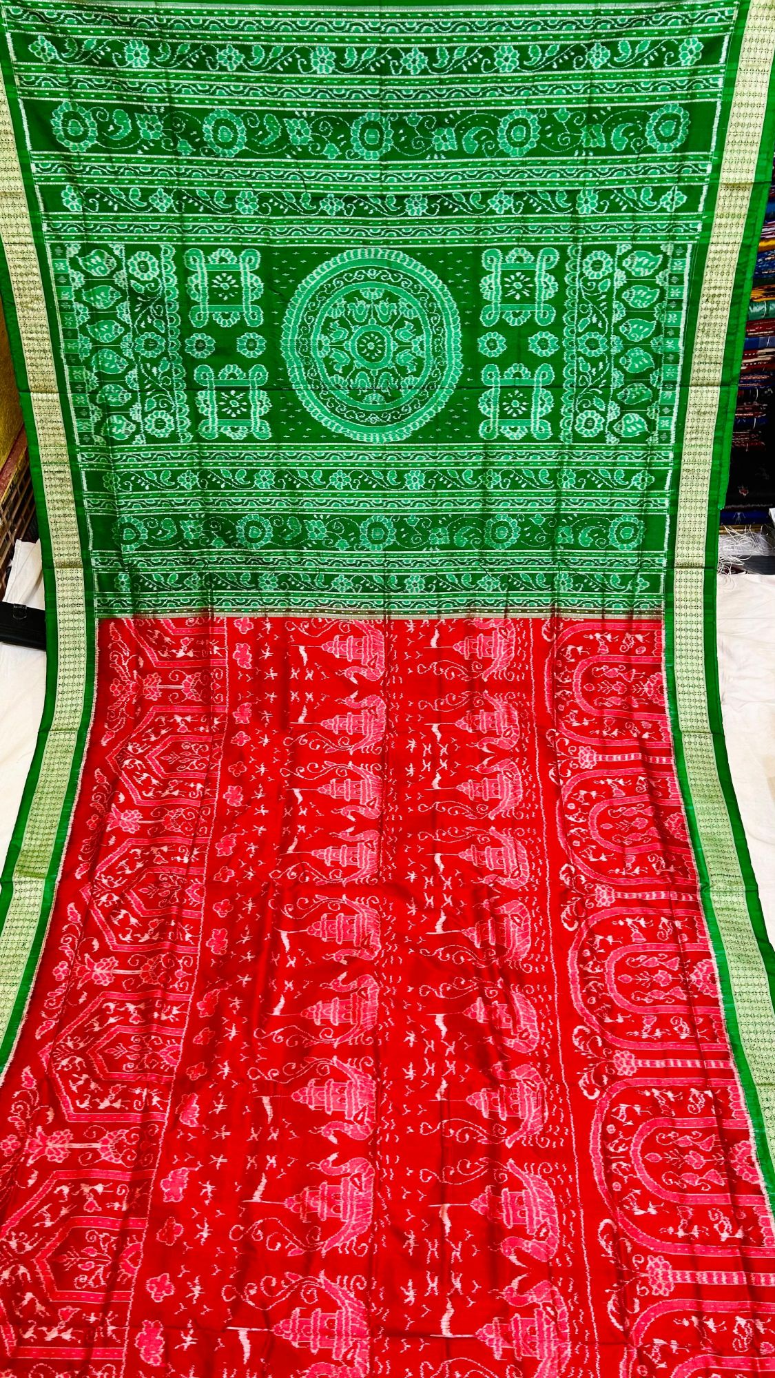 Red and green Sambalpuri silk saree