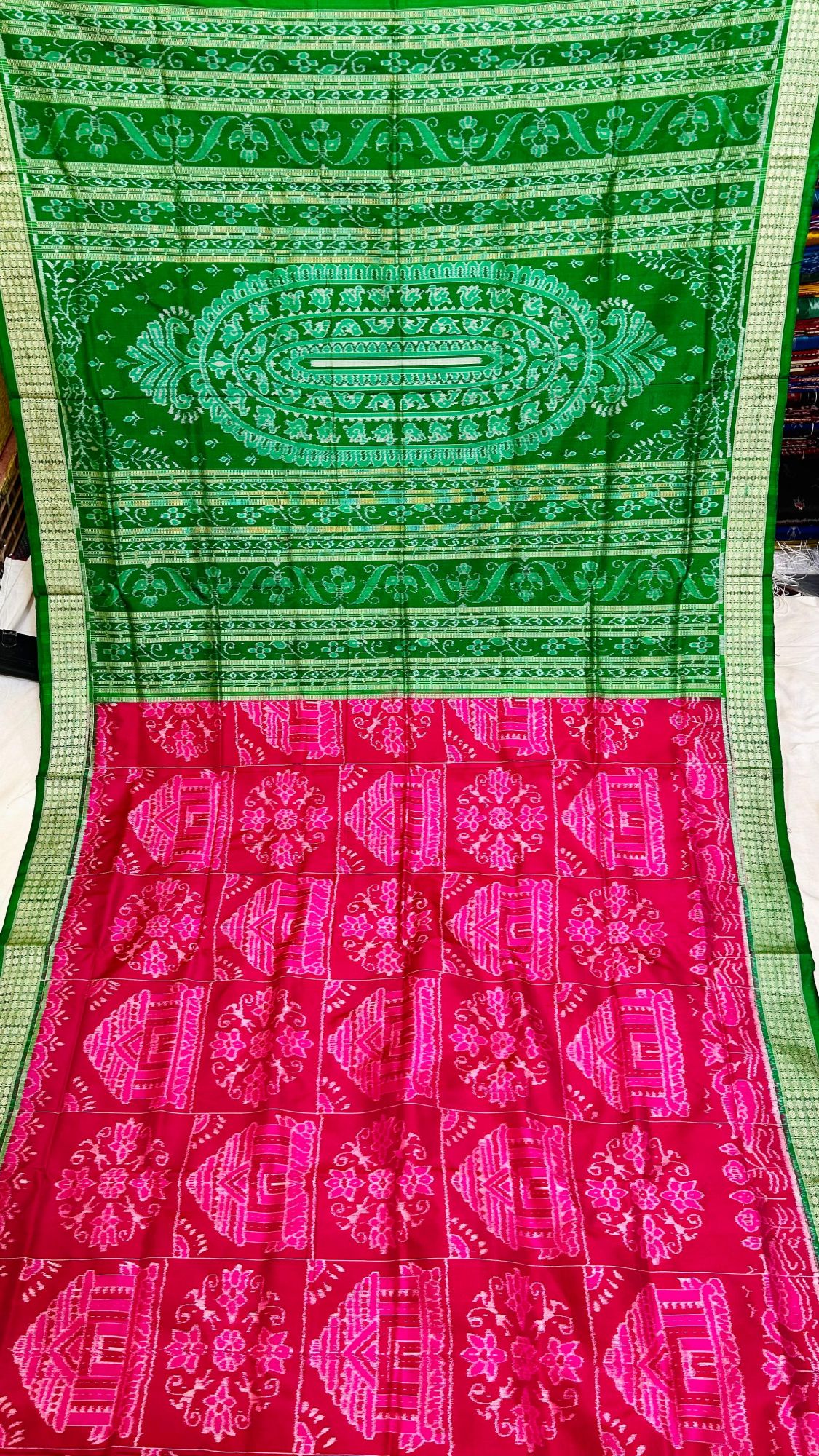Pink and green Sambalpuri silk saree