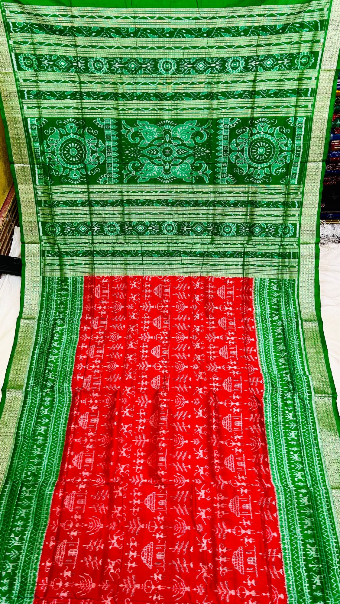 Red and Green Sambalpuri silk saree