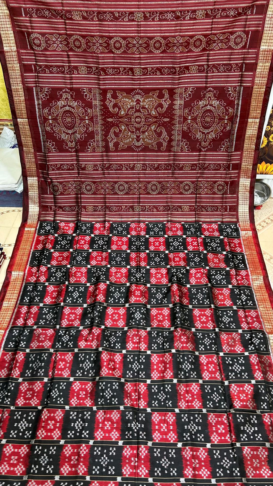 Maroon and black sambalpuri silk saree