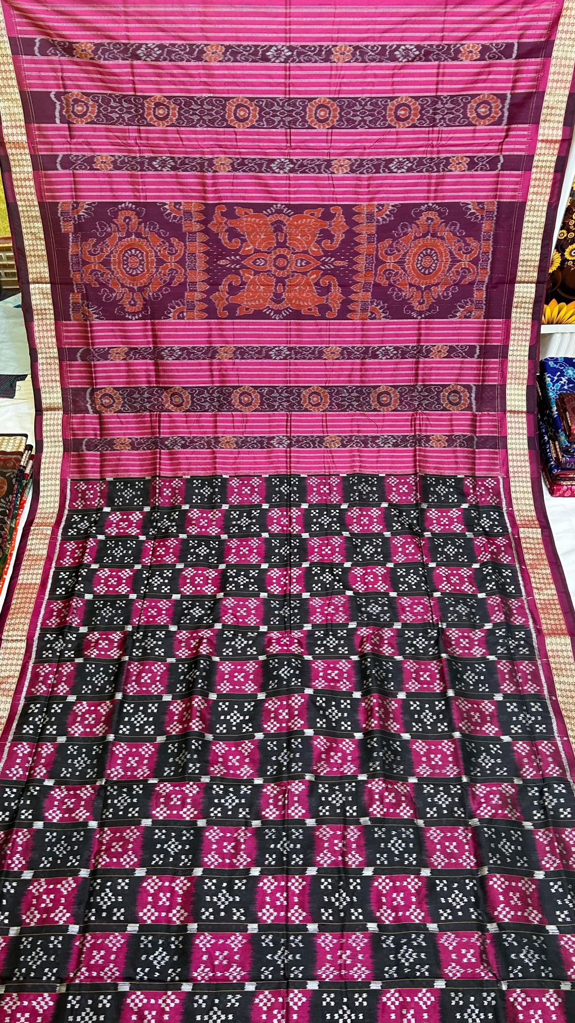 Pink and black sambalpuri silk saree