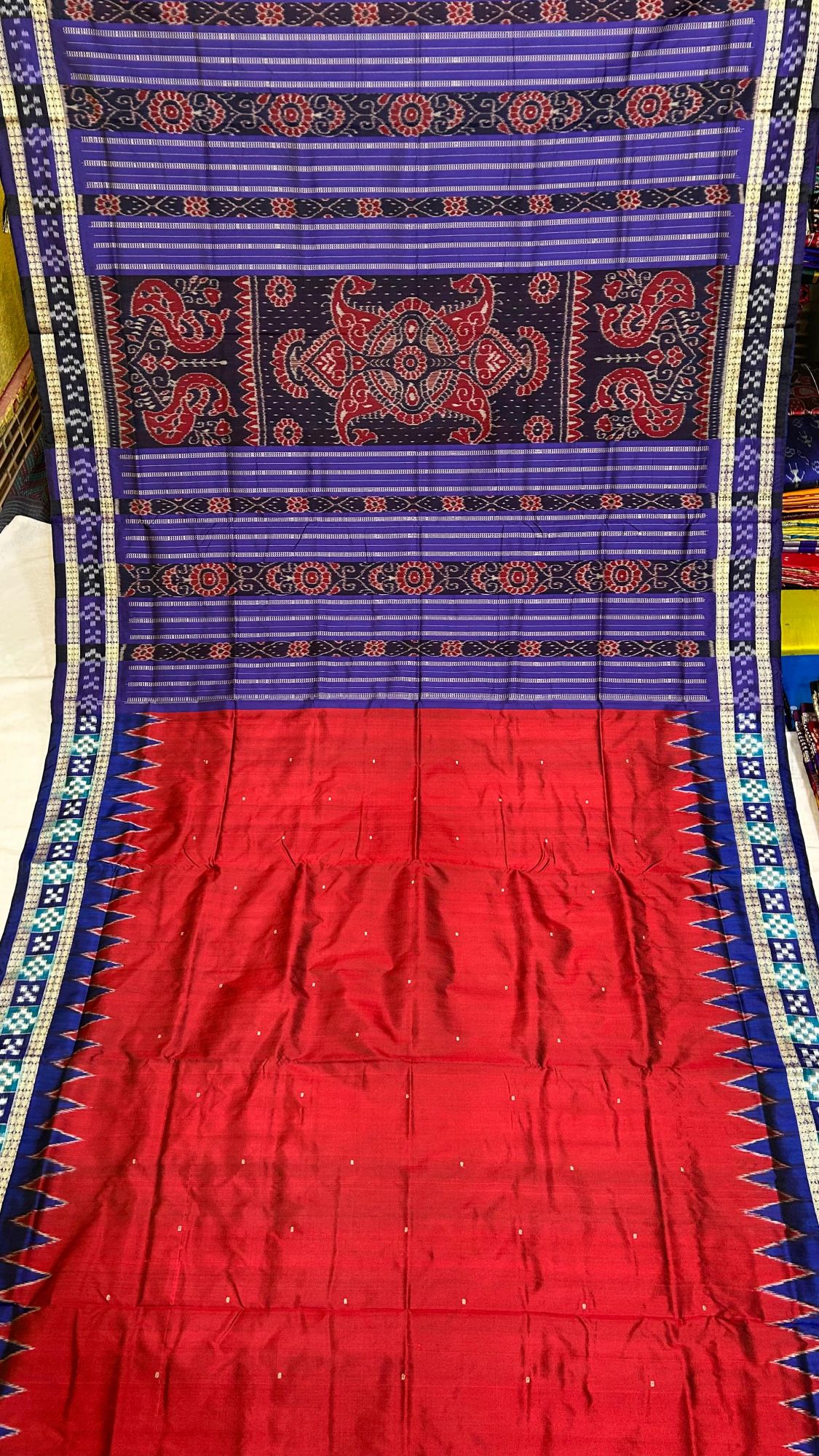 Red and Blue Pasapalli border Sambalpuri silk saree