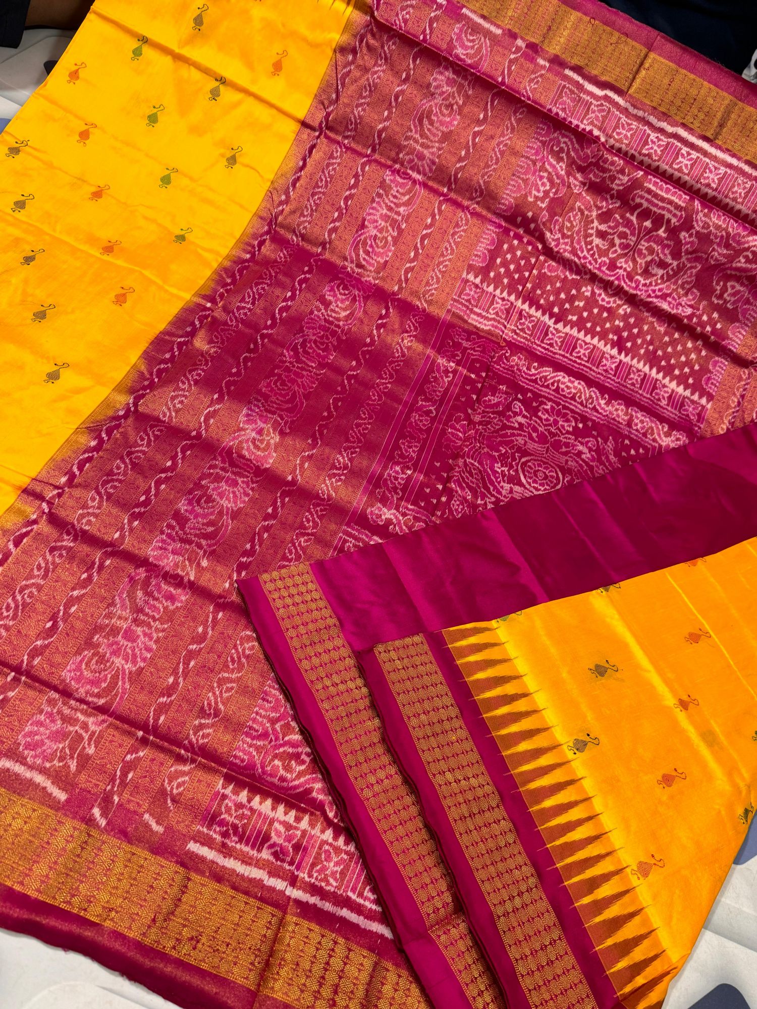 Yellow and pink Half tissue Sambalpuri silk saree