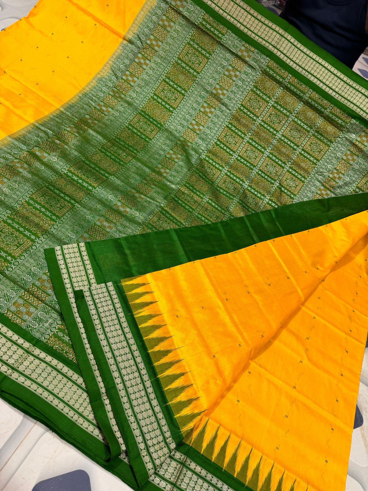 Yellow and green Sambalpuri silk saree