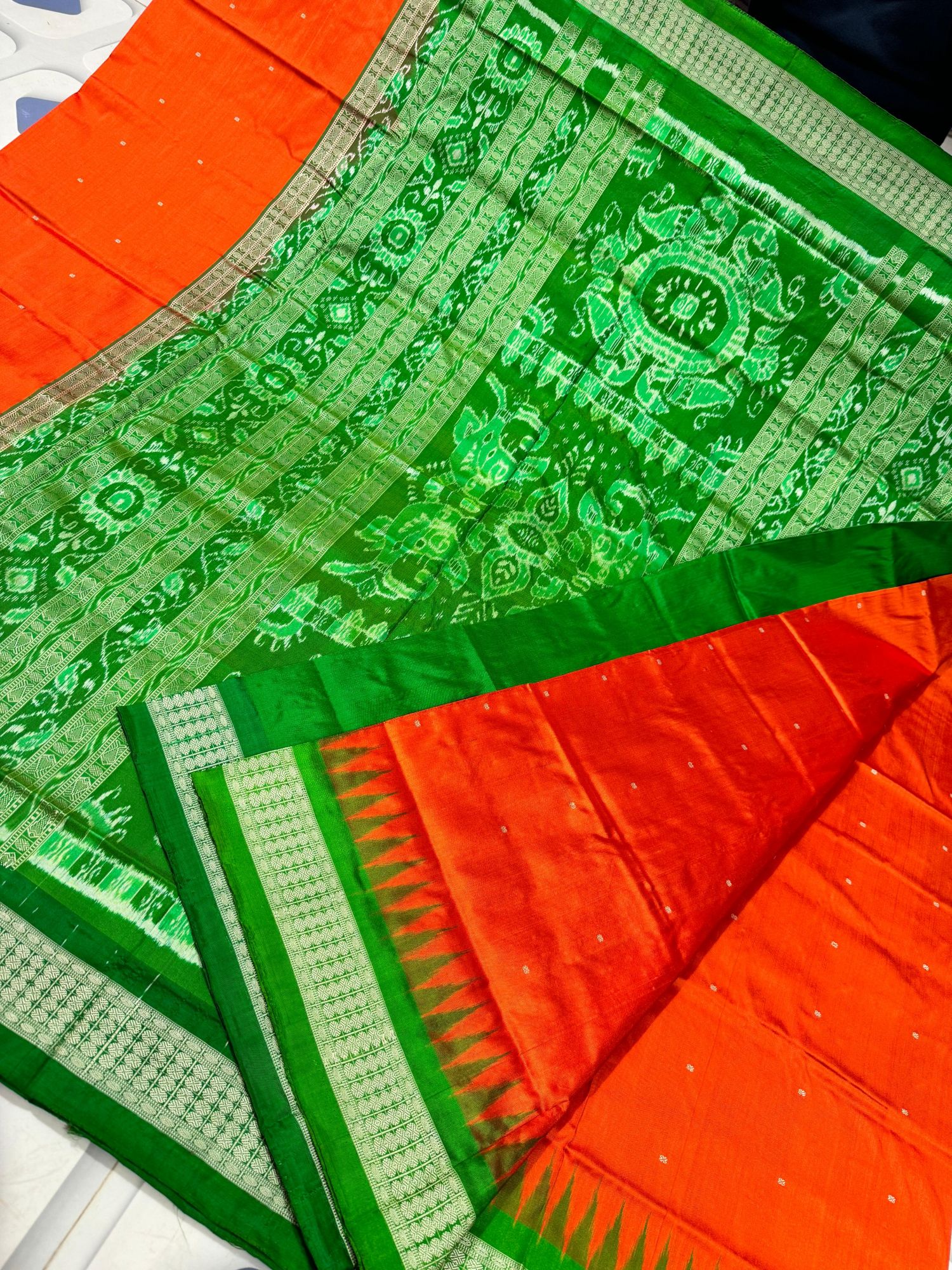 Green and red Sambalpuri silk saree