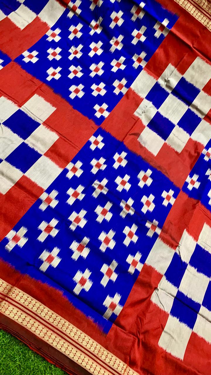 Blue and red Sambalpuri silk saree