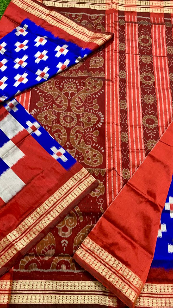 Blue and red Sambalpuri silk saree