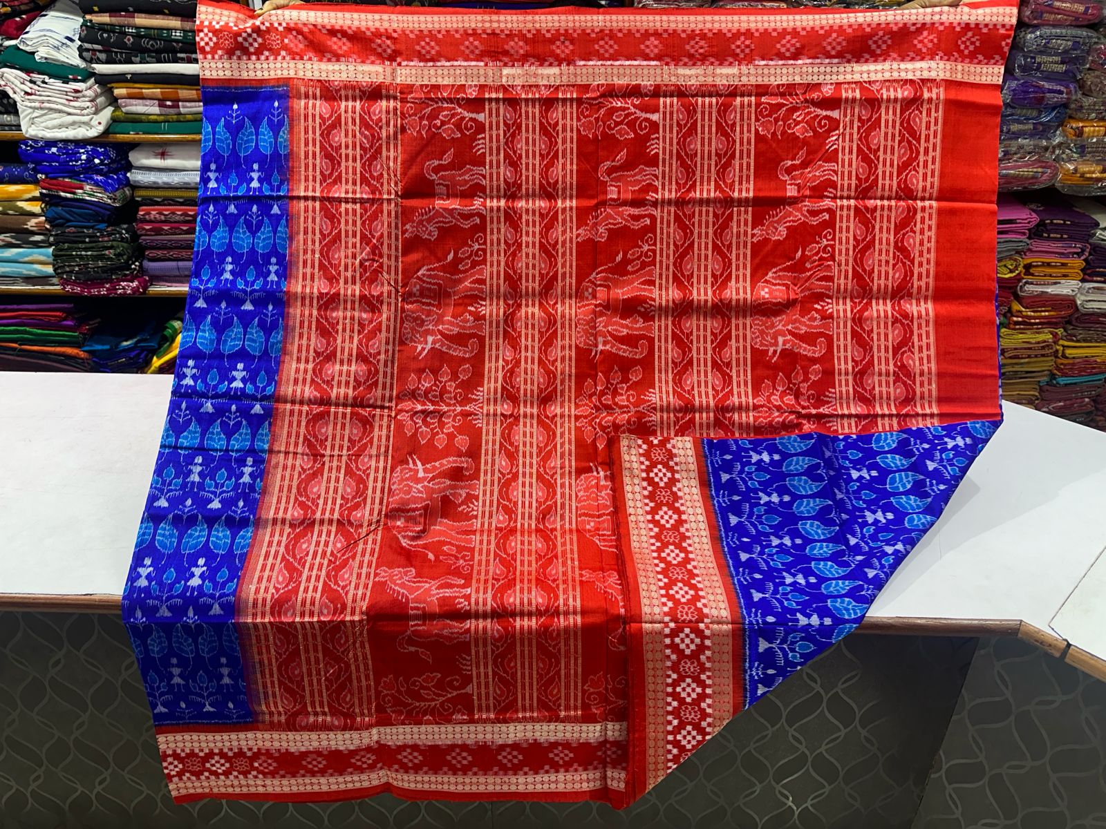 Blue and red Sambalpuri silk saree