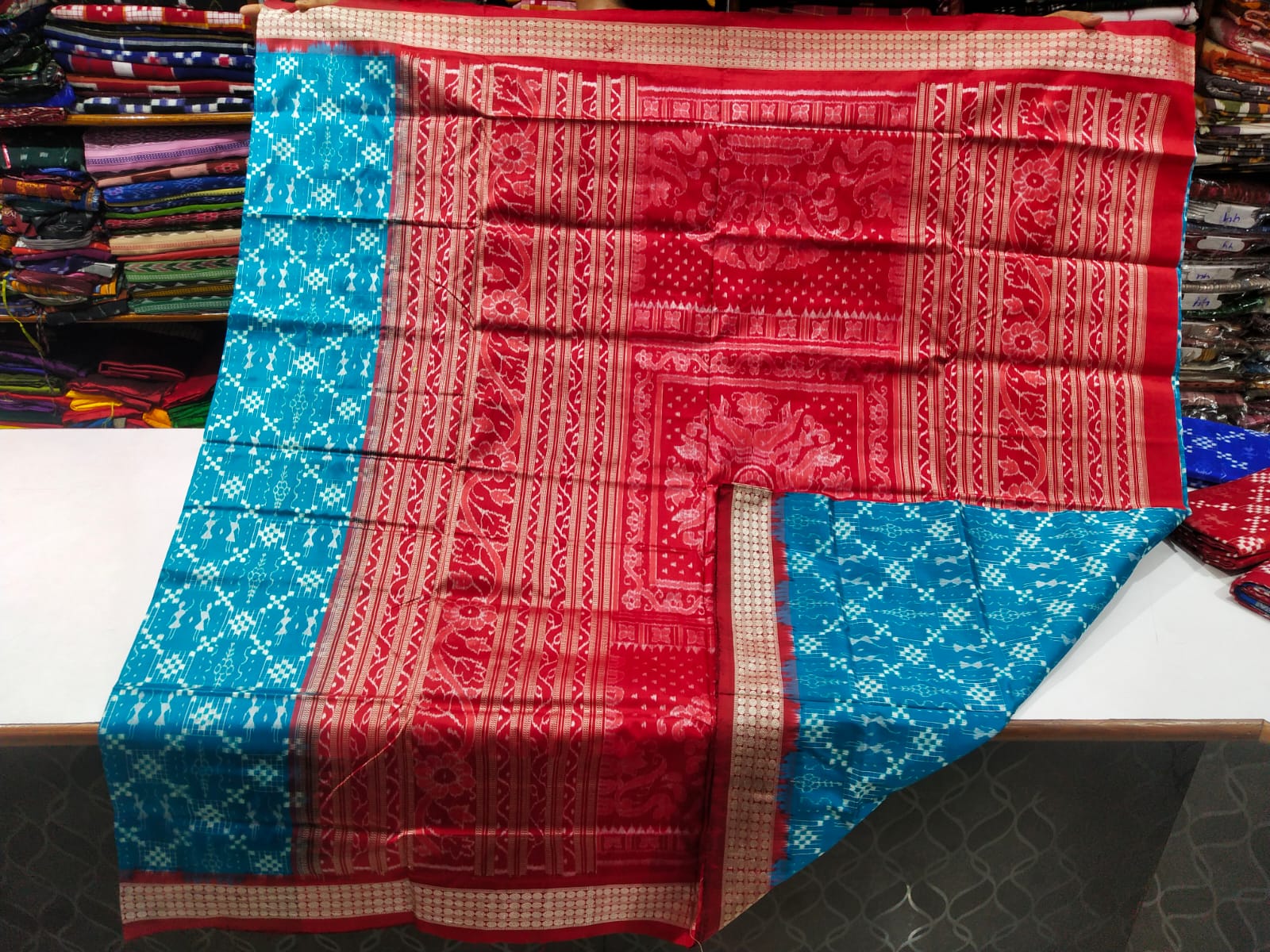 Sky blue and red Sambalpuri silk saree
